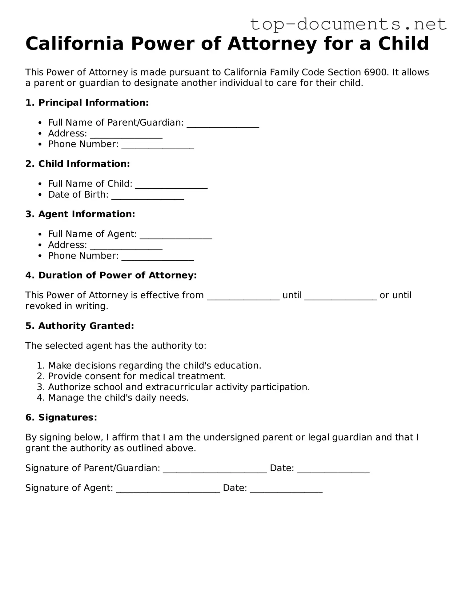Printable Power of Attorney for a Child Form for the State of California
