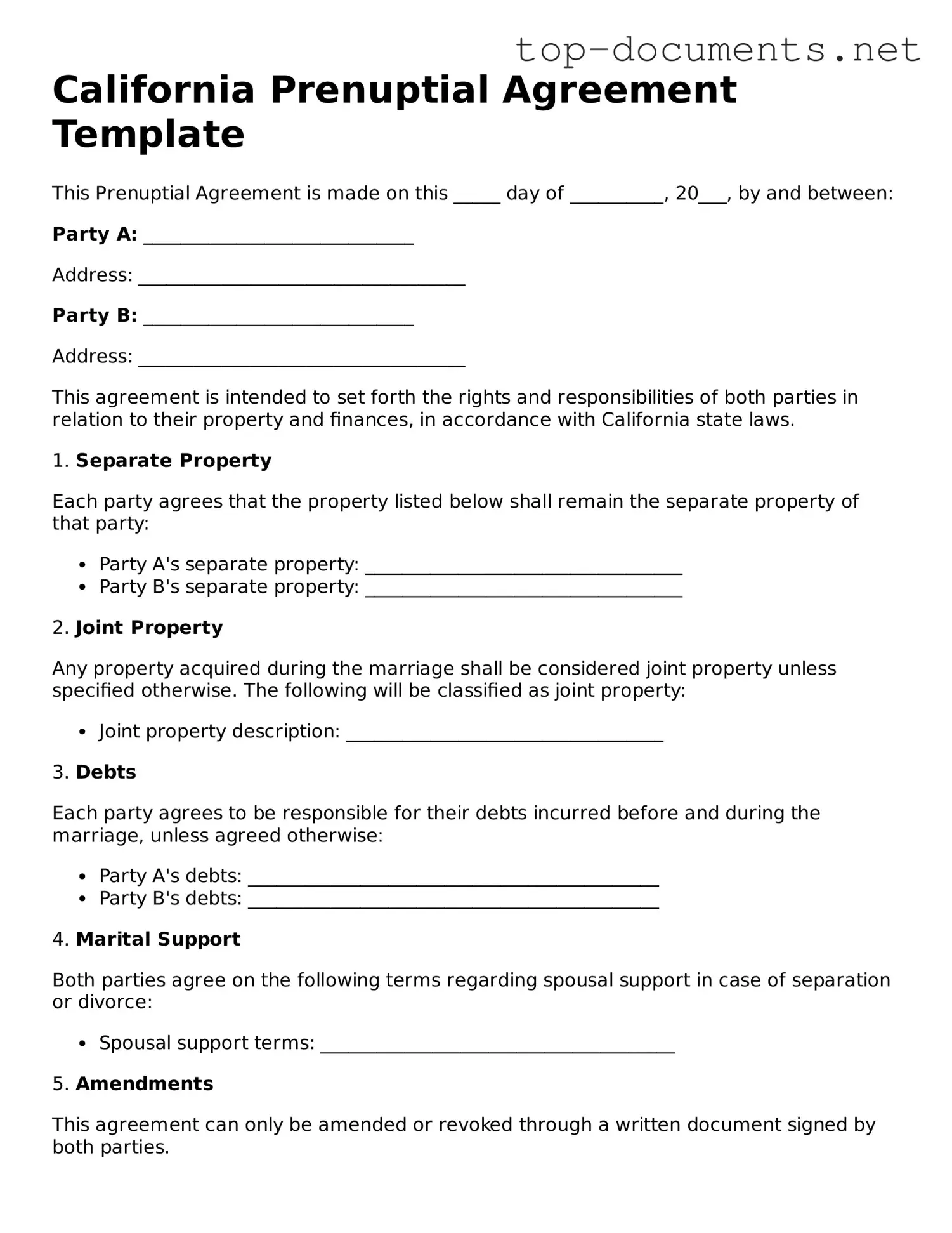 Printable Prenuptial Agreement Form for the State of California
