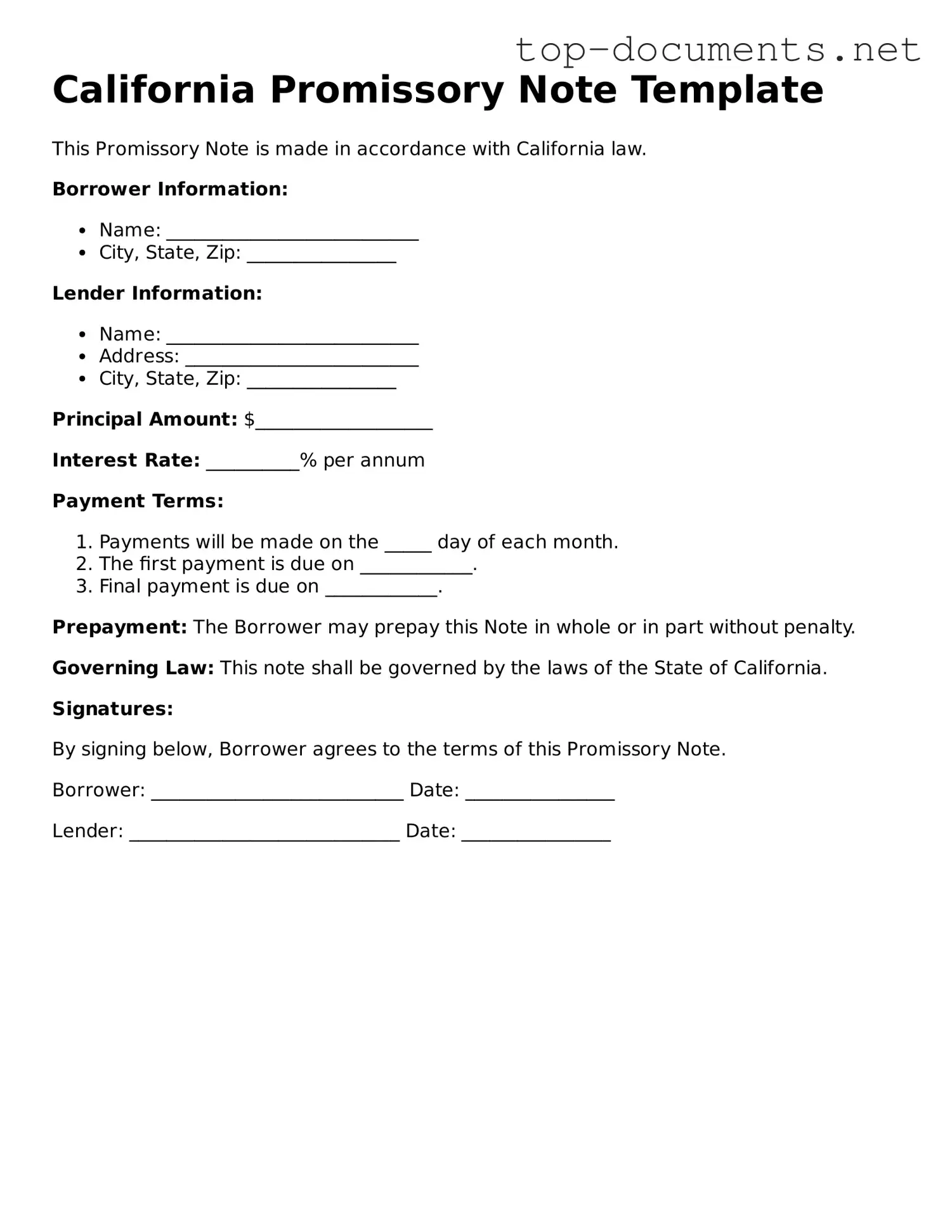 Printable Promissory Note Form for the State of California