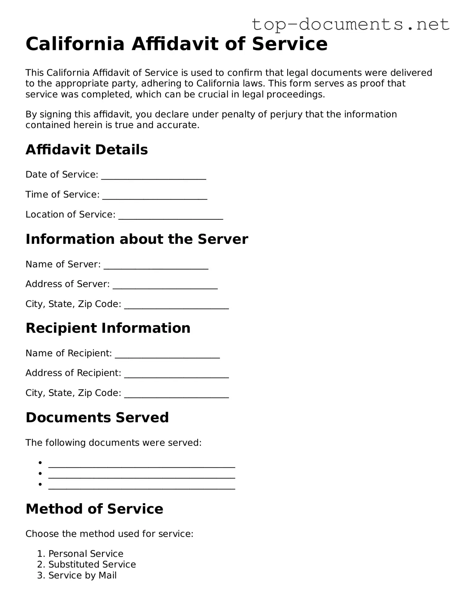 Printable Affidavit of Service Form for the State of California