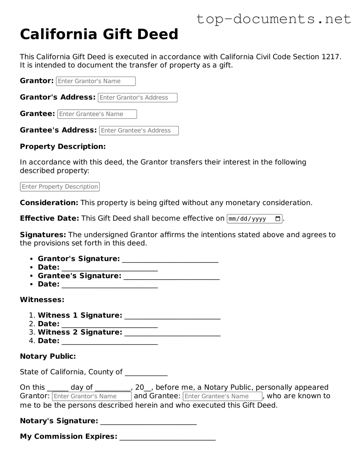 Printable Gift Deed Form for the State of California