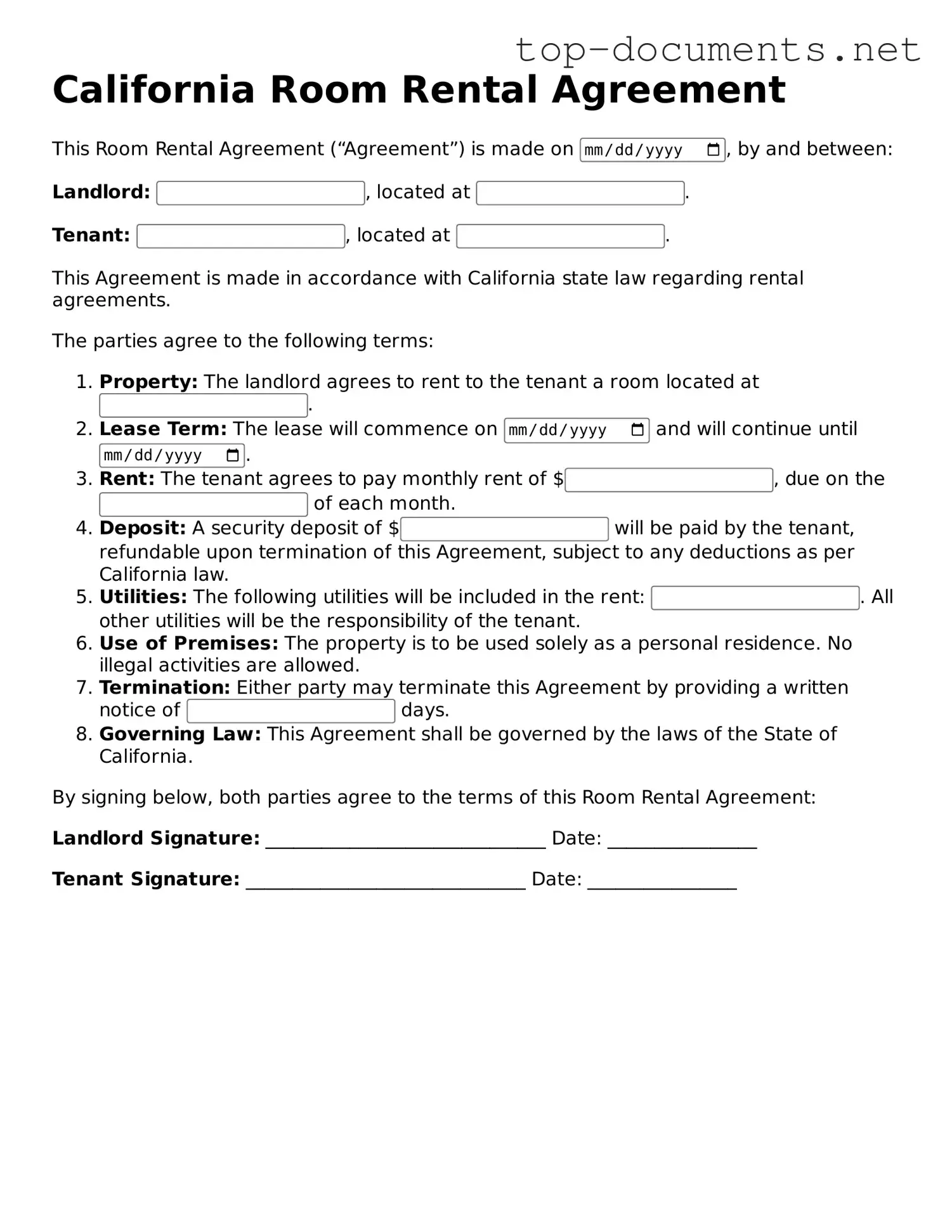 Printable Room Rental Agreement Form for the State of California