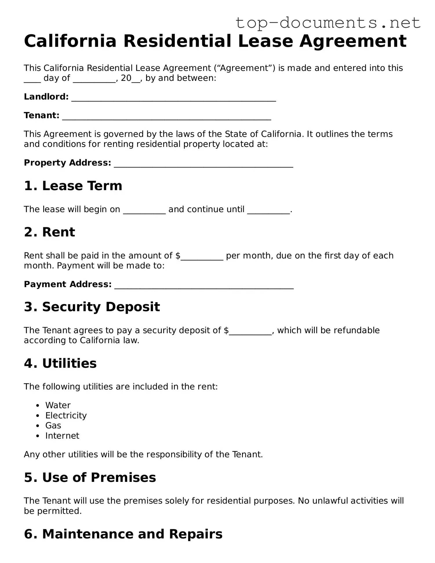 Printable Residential Lease Agreement Form for the State of California