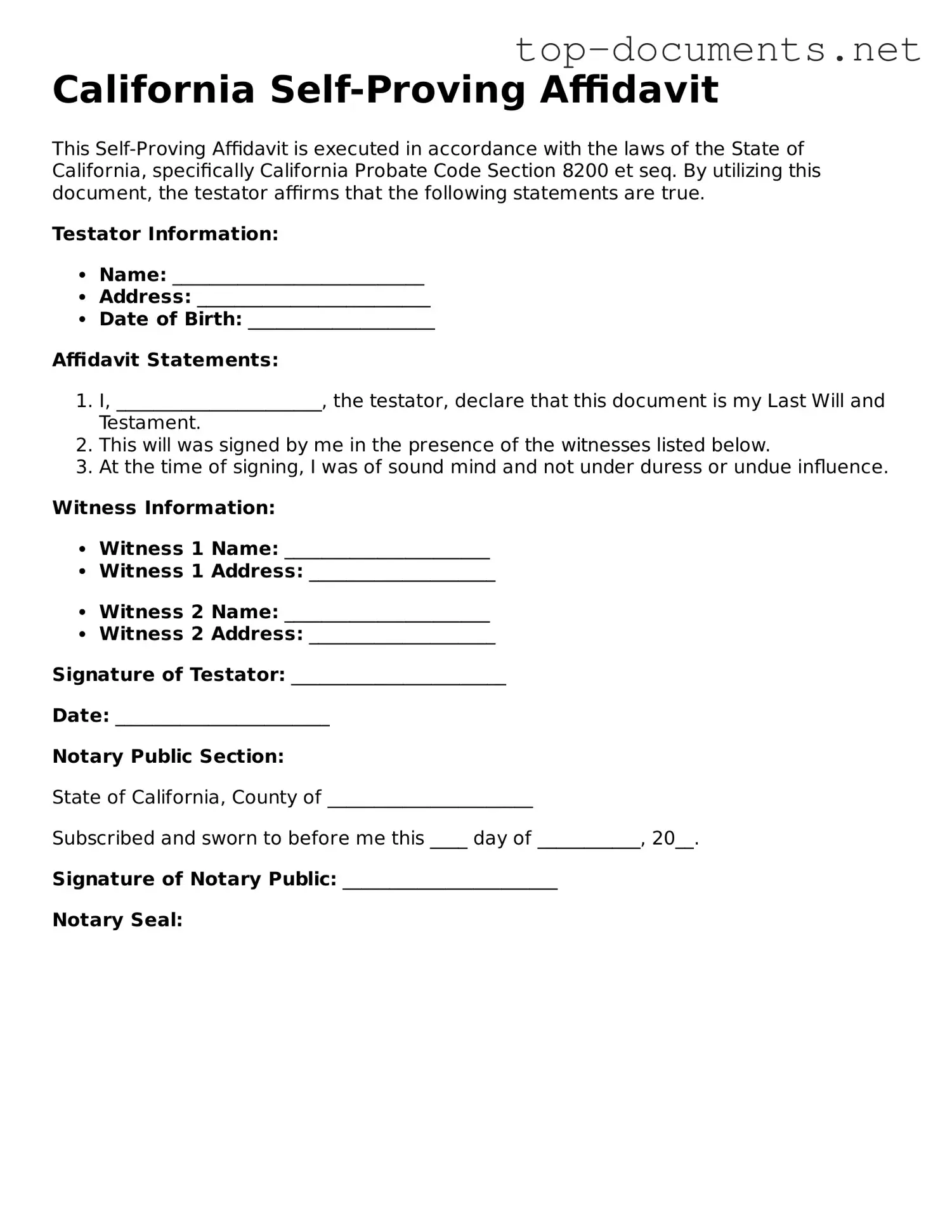 Printable Self-Proving Affidavit Form for the State of California