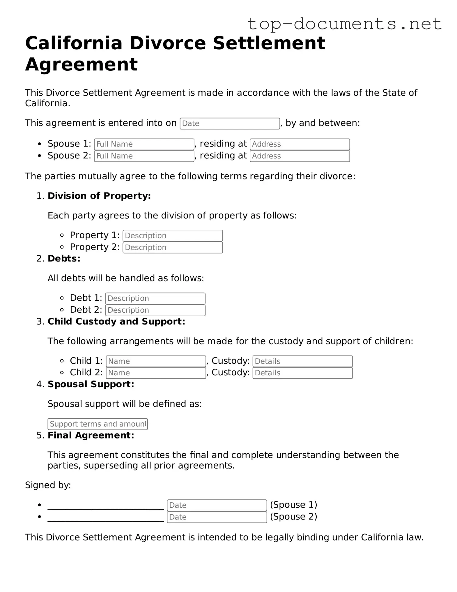 Printable Divorce Settlement Agreement Form for the State of California