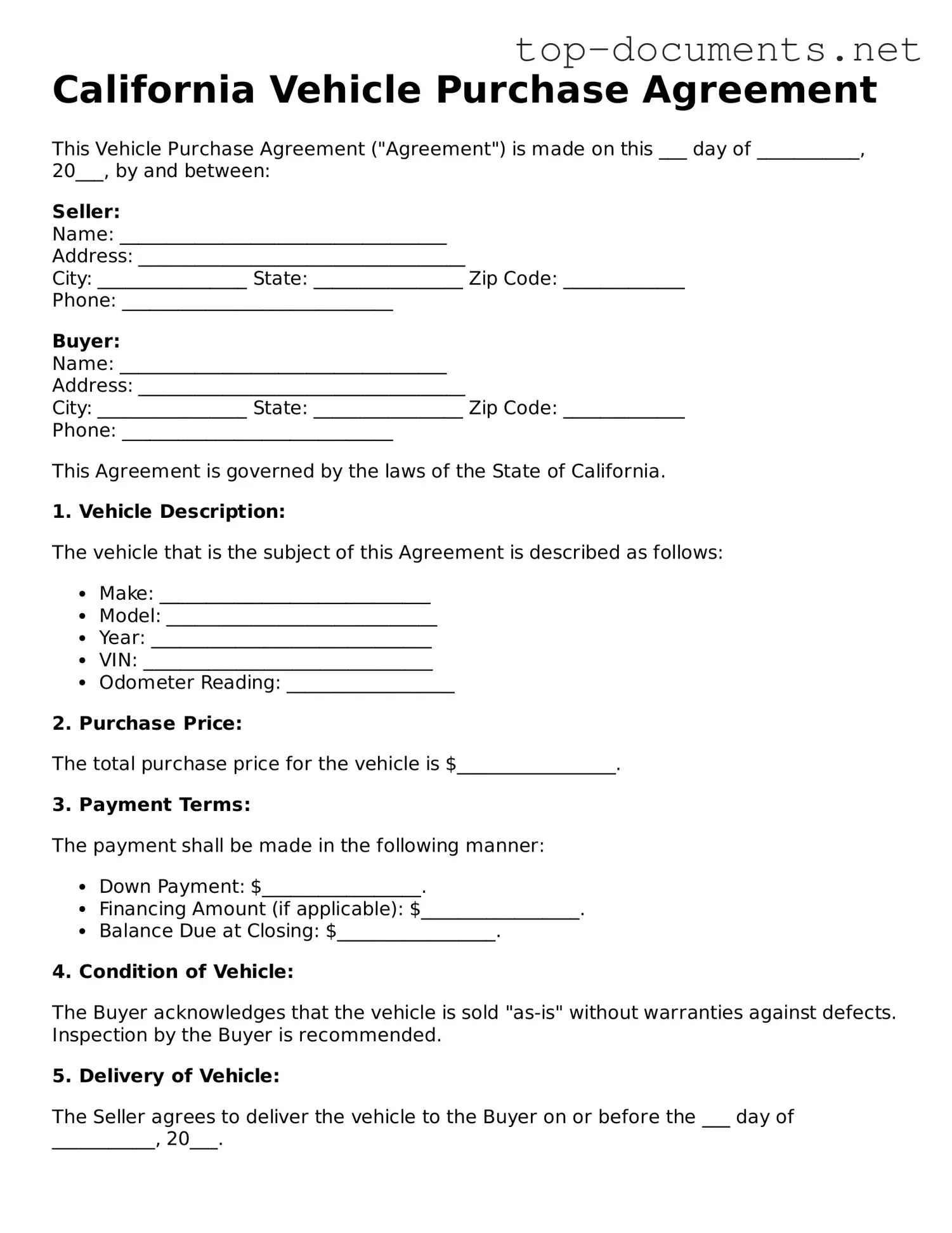 Printable Vehicle Purchase Agreement Form for the State of California