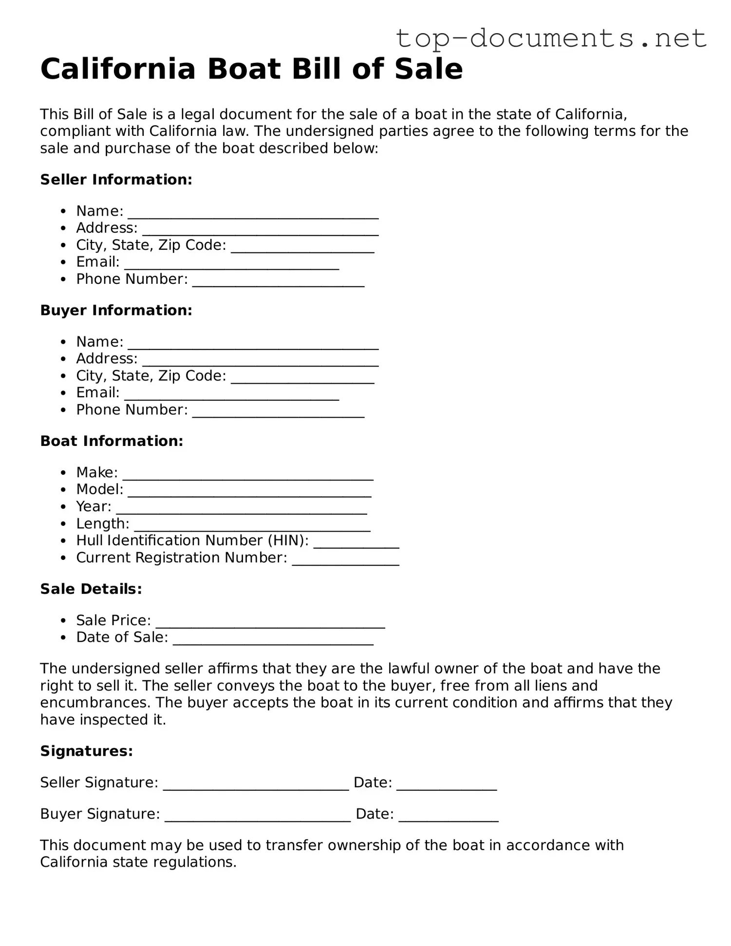 Printable Boat Bill of Sale Form for the State of California