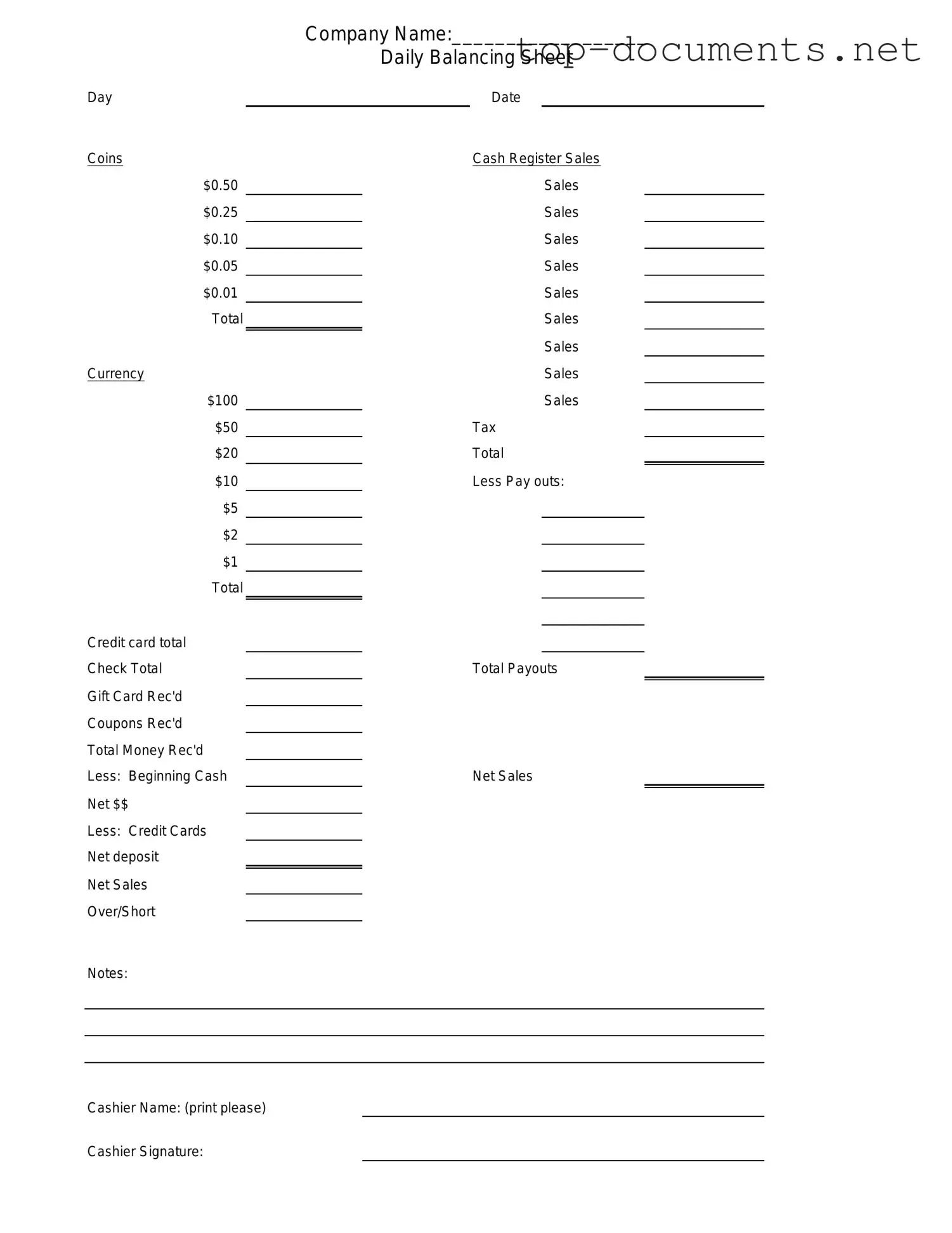 Free Cash Drawer Count Sheet PDF Form