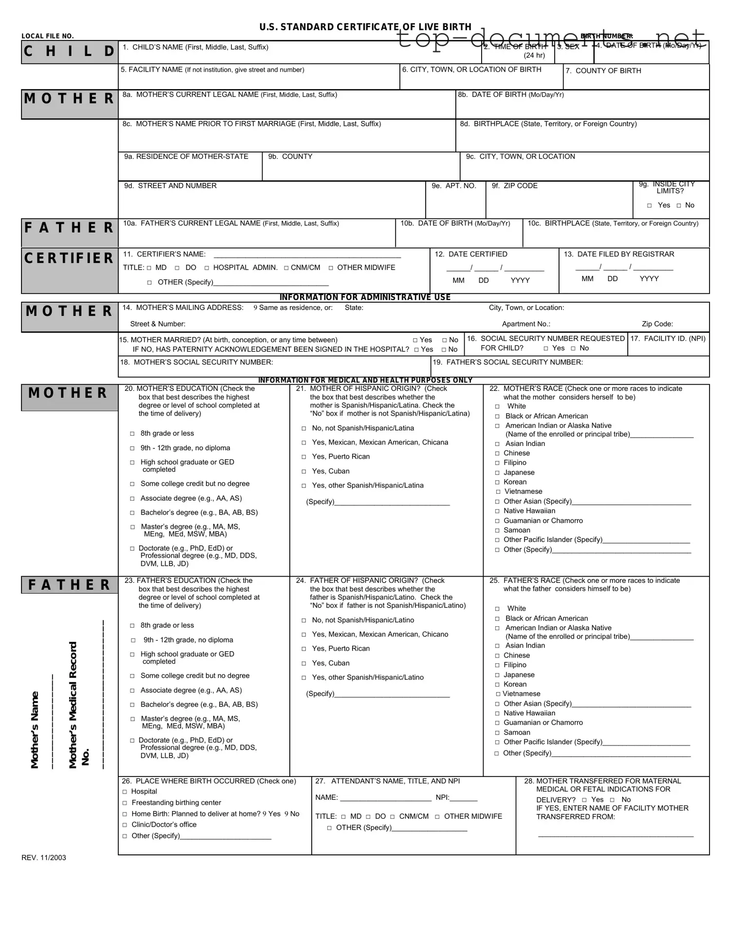 Free CDC U.S. Standard Certificate of Live Birth PDF Form