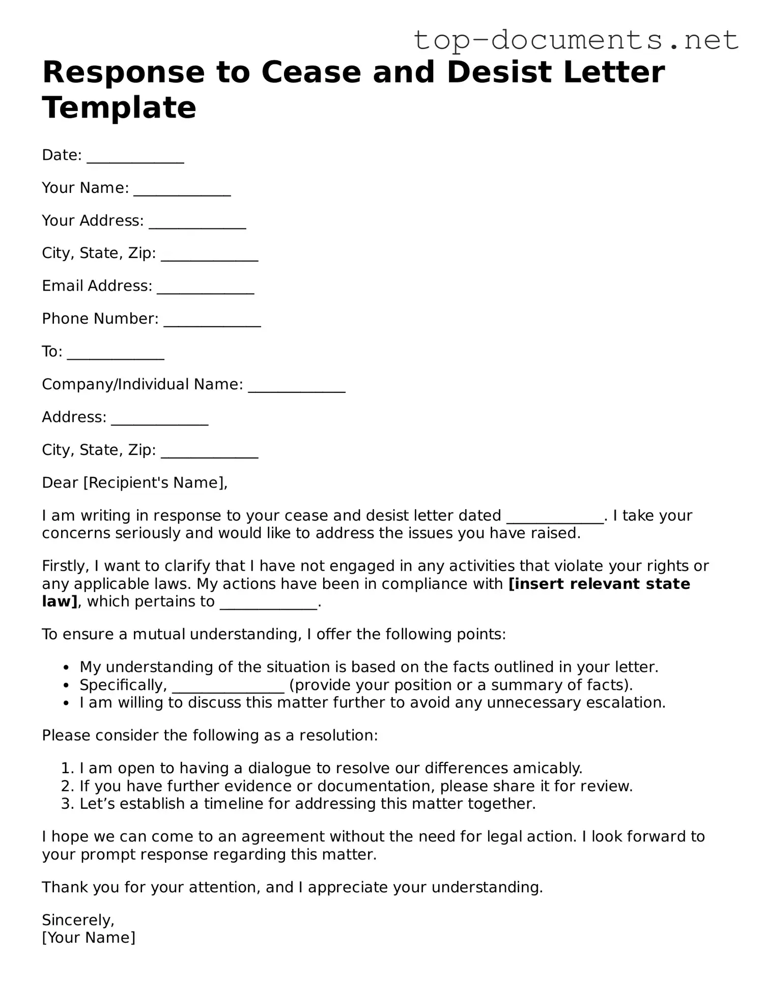 Attorney-Verified Response to a Cease and Desist Letter Form