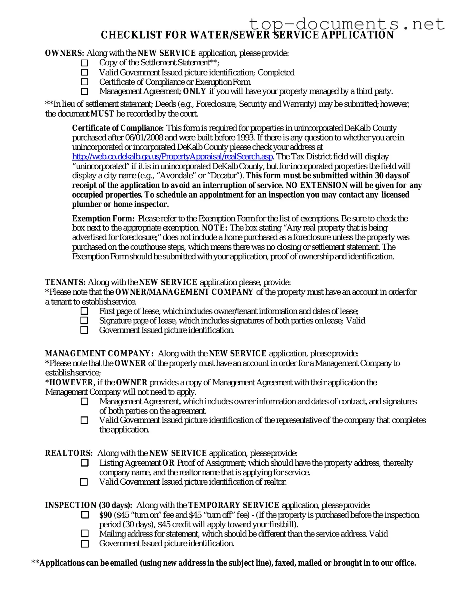 Free Dekalb County Water Application PDF Form