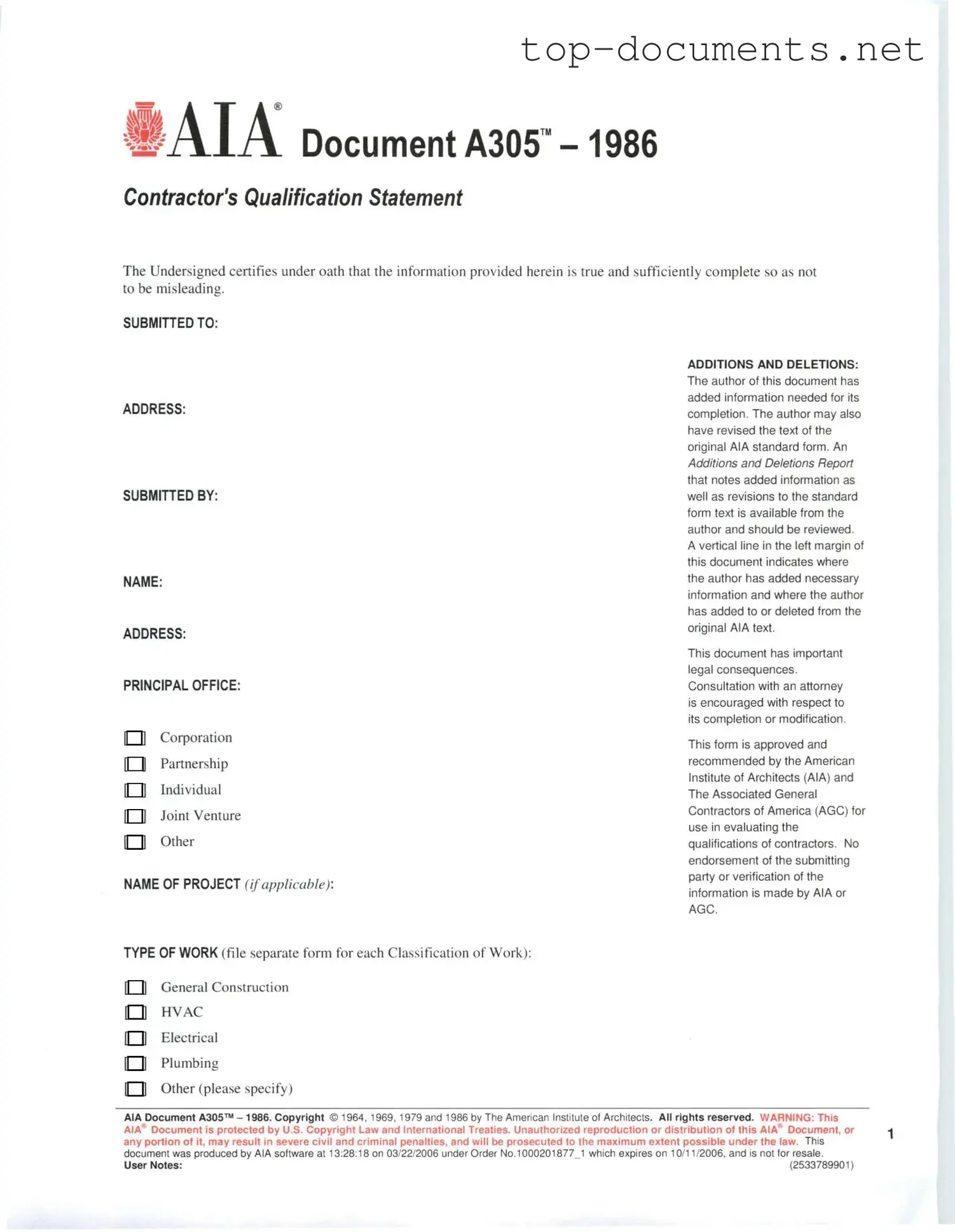 Free AIA A305 PDF Form