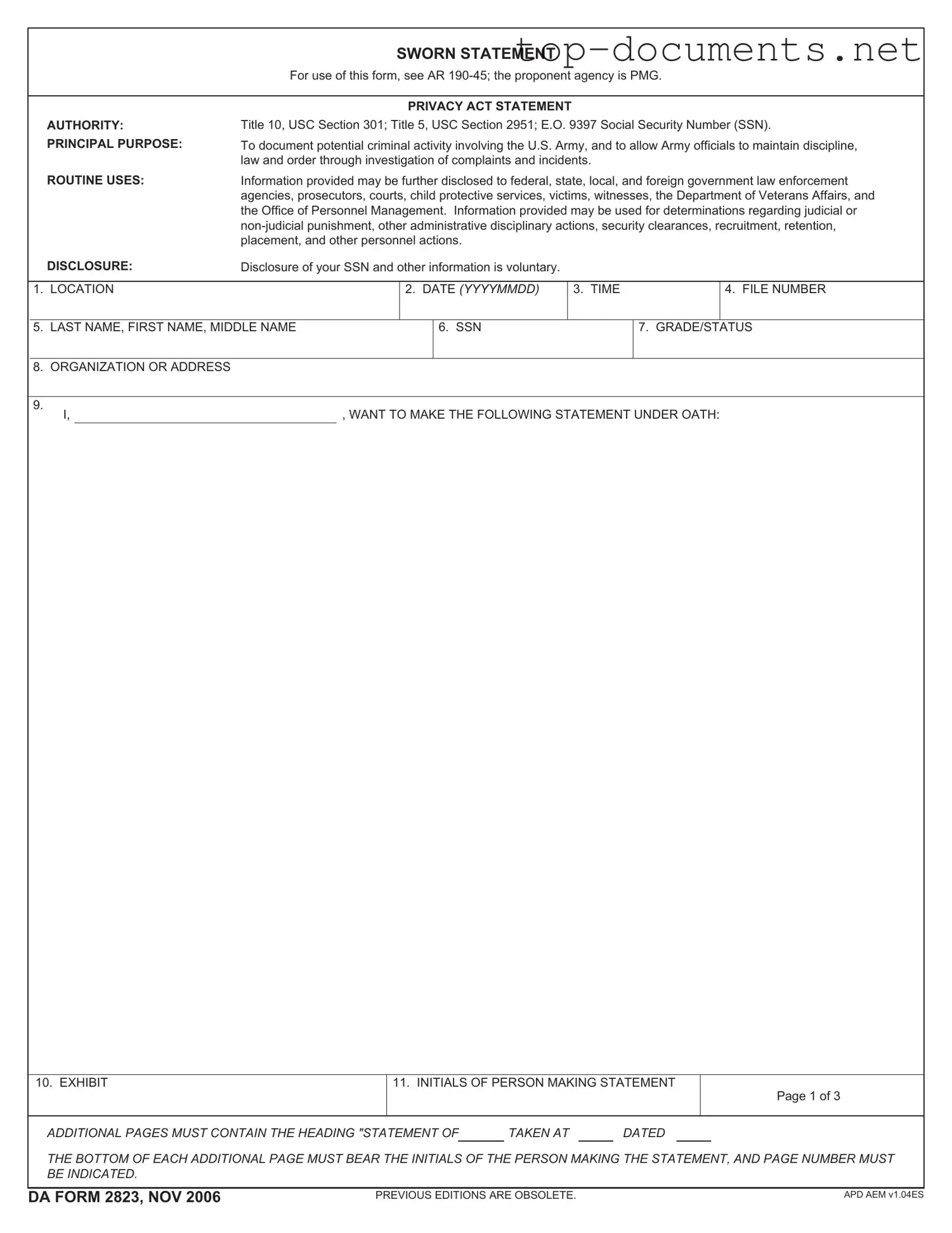 Free Da 2823 PDF Form