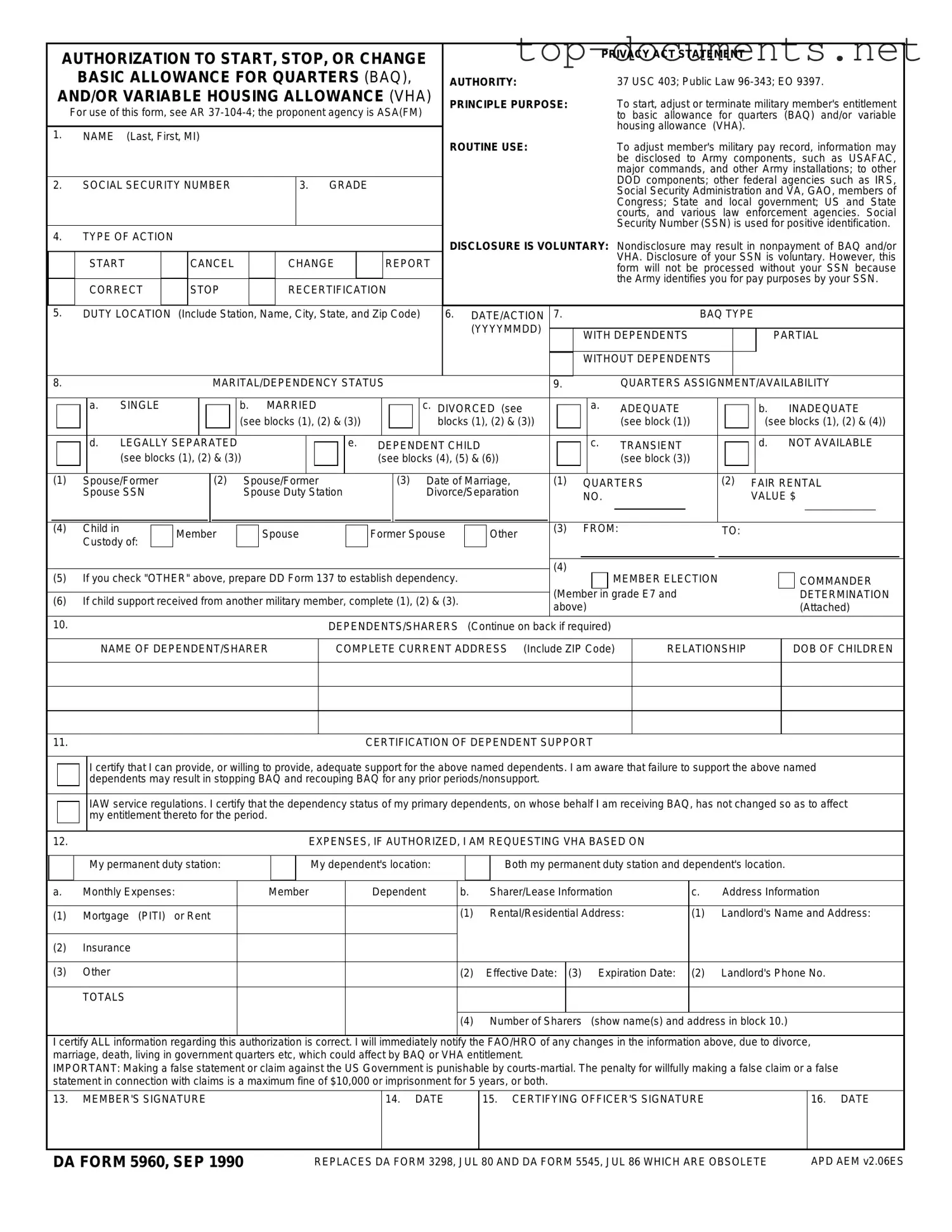Free DA 5960 PDF Form