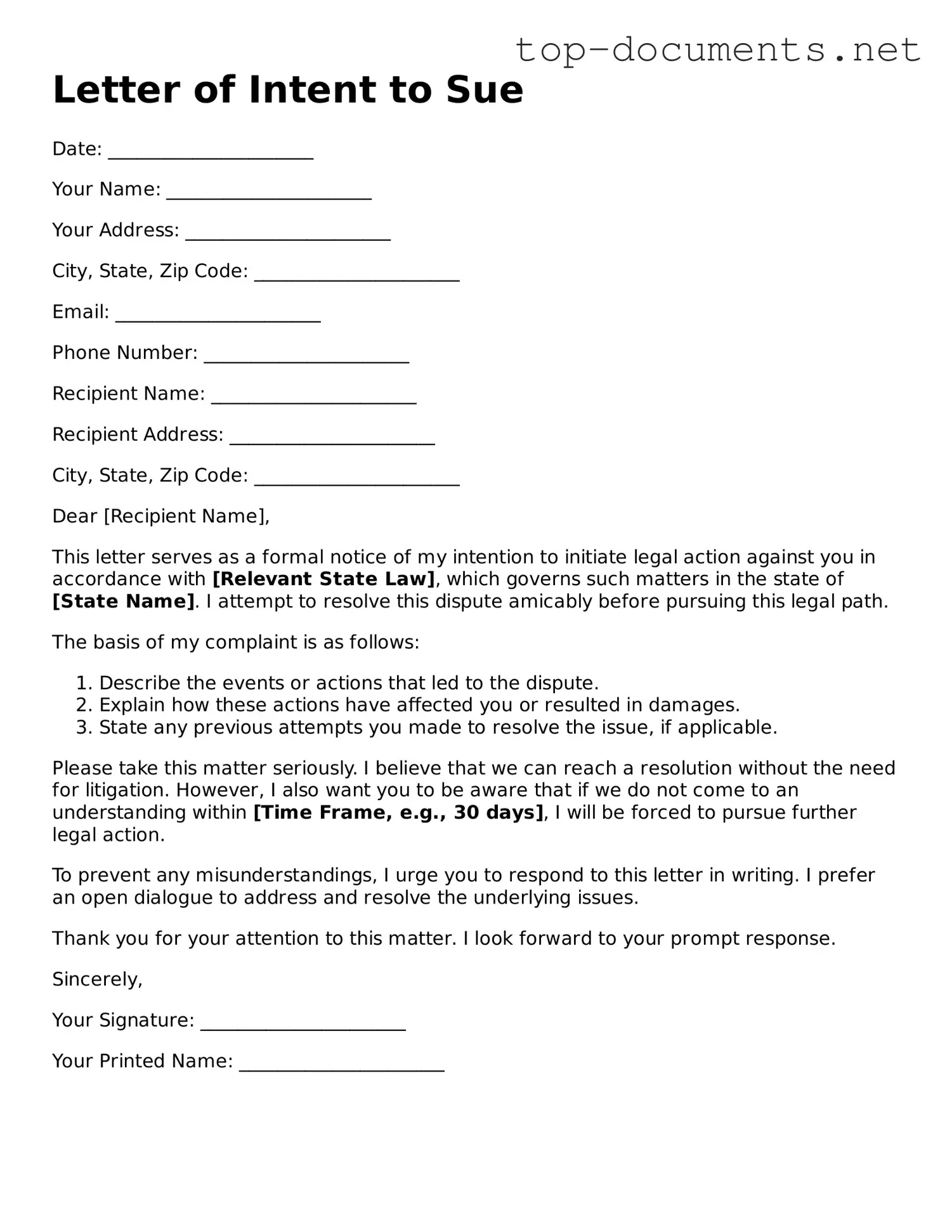 Attorney-Verified Letter of Intent to Sue Form