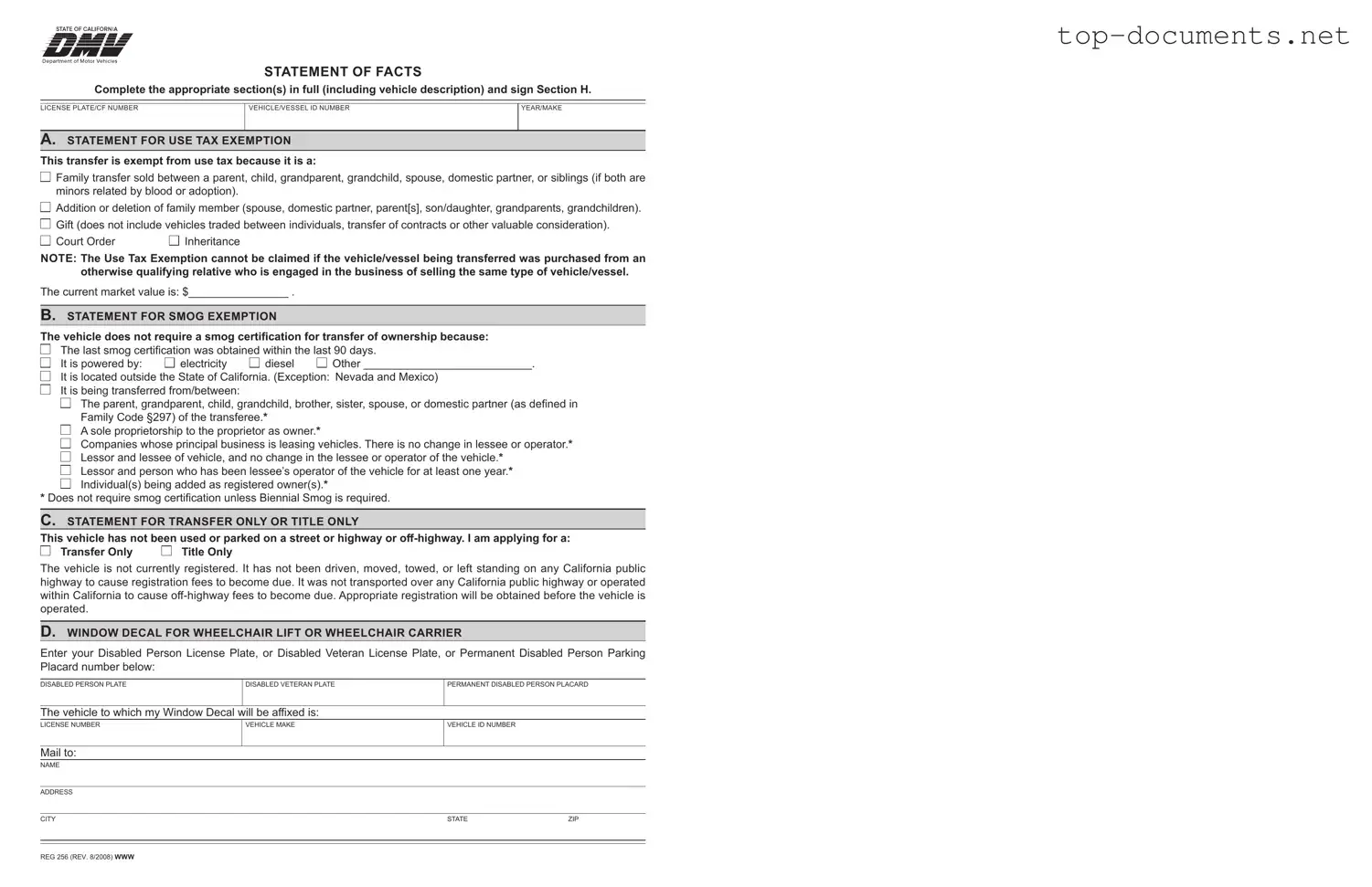 Free Dmv Reg 256 PDF Form