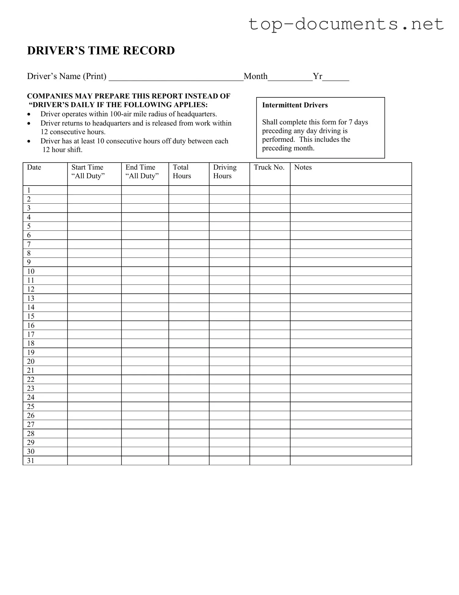 Free Driver Time Record PDF Form
