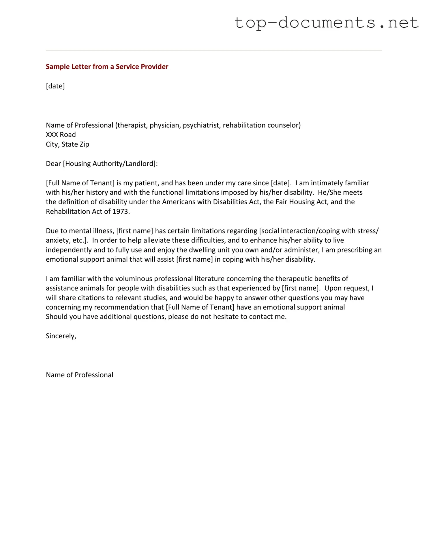 Free Emotional Support Animal Letter PDF Form