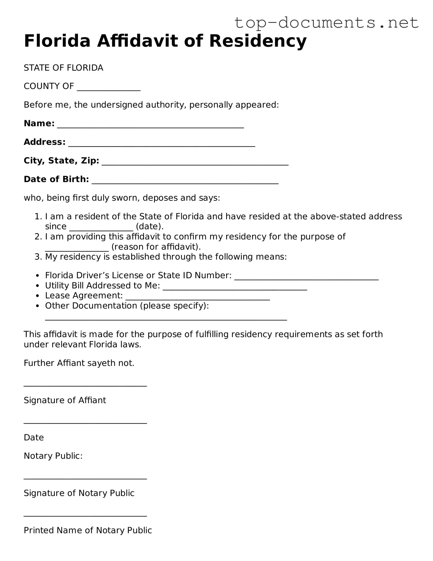 Printable Affidavit of Residency Form for the State of Florida