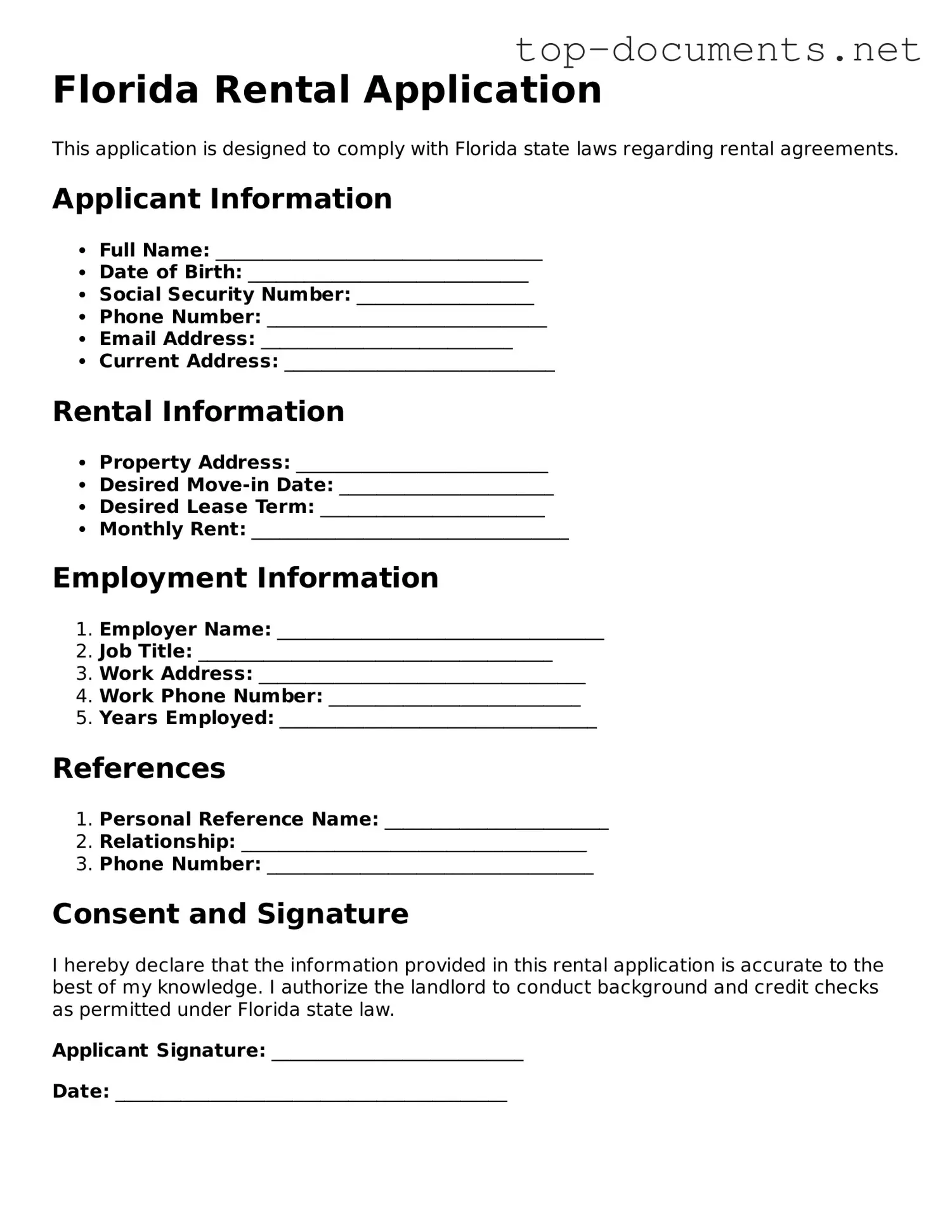 Printable Rental Application Form for the State of Florida