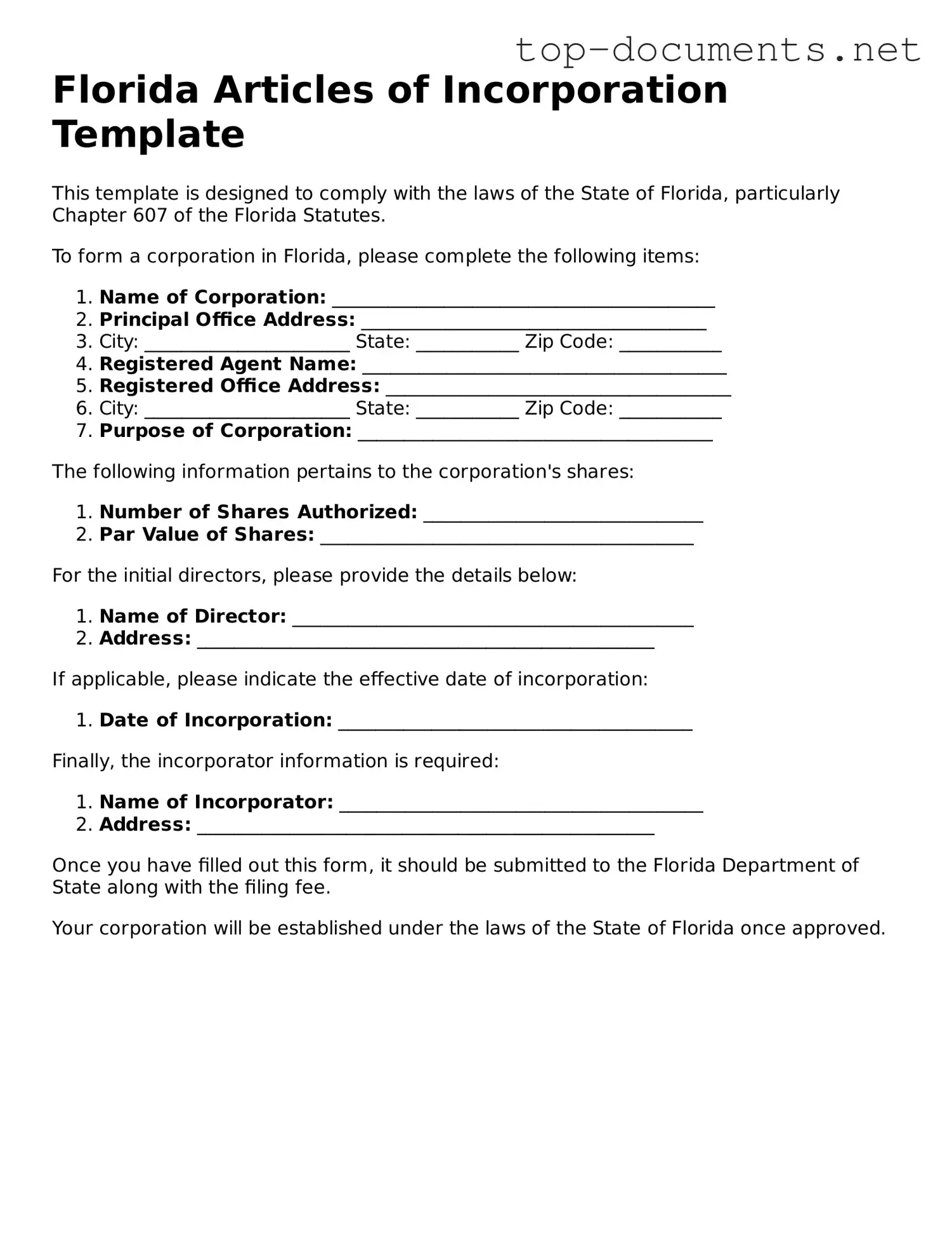 Printable Articles of Incorporation Form for the State of Florida