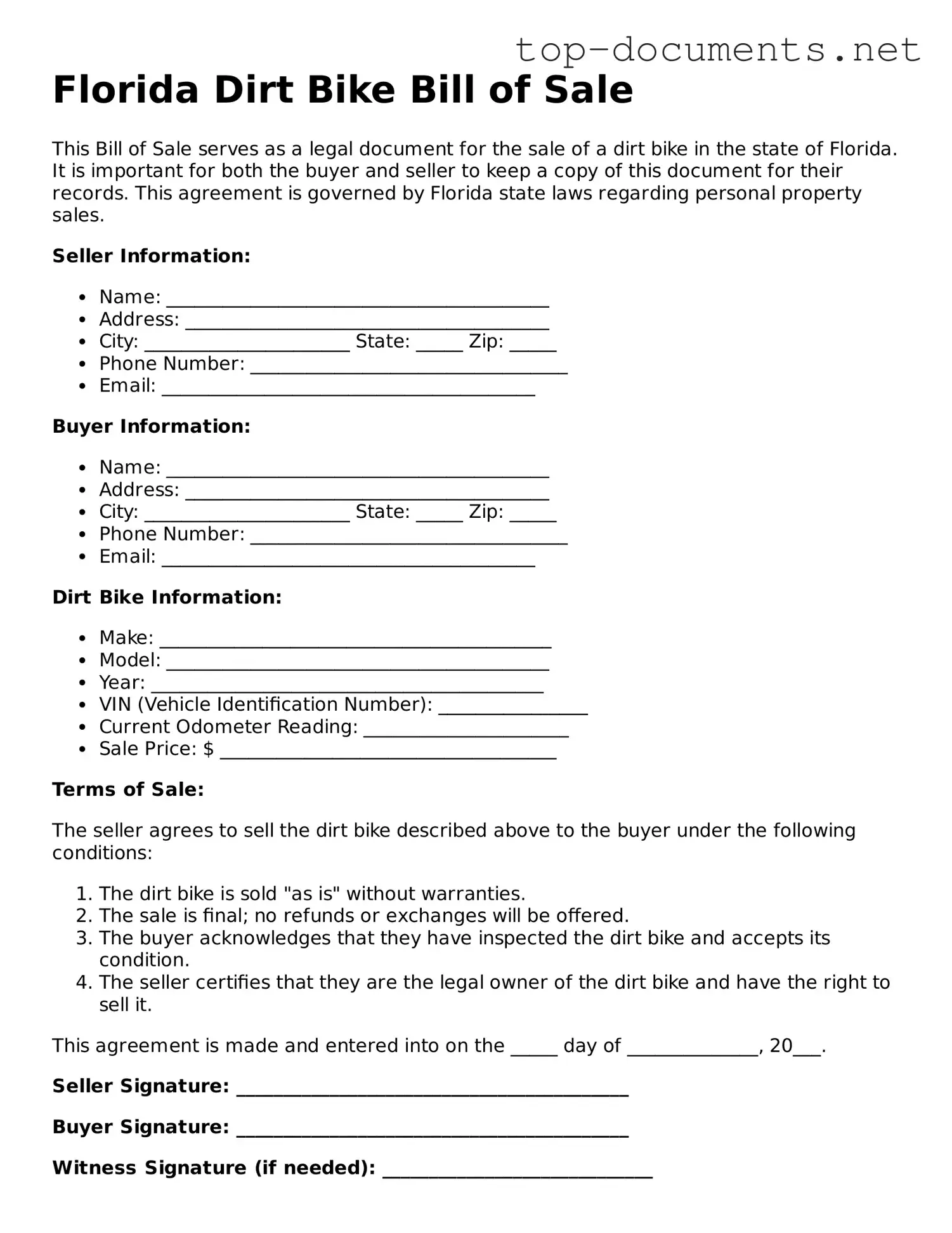Printable Dirt Bike Bill of Sale Form for the State of Florida