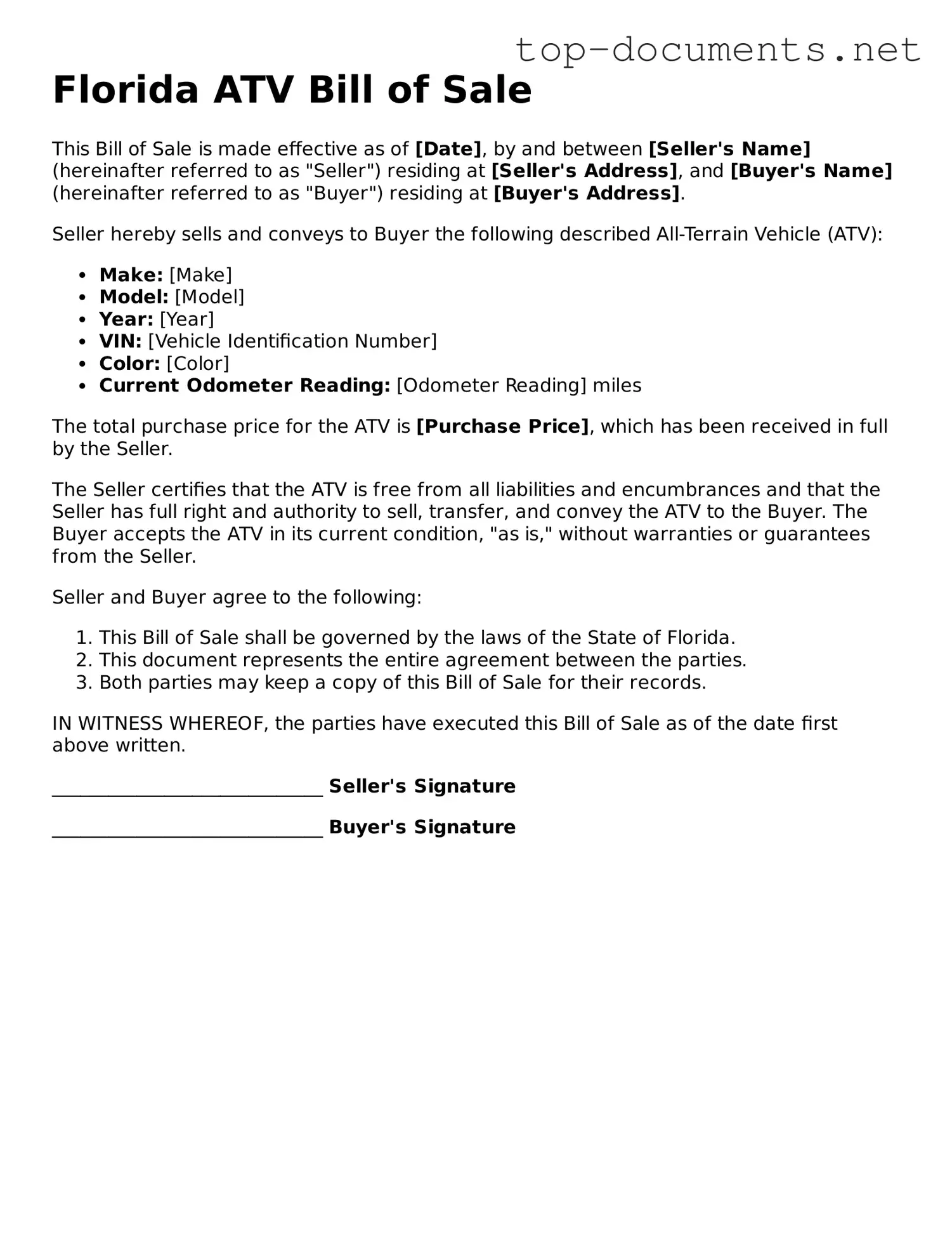 Printable ATV Bill of Sale Form for the State of Florida