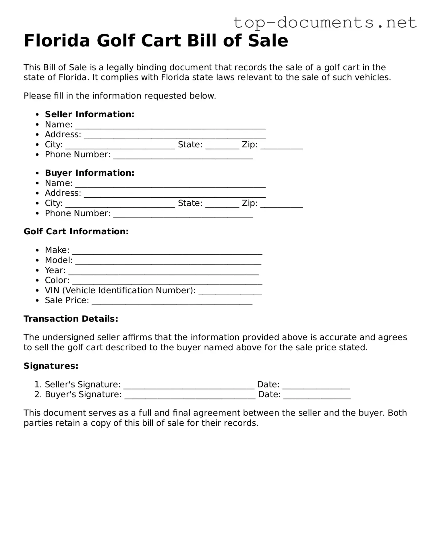 Printable Golf Cart Bill of Sale Form for the State of Florida
