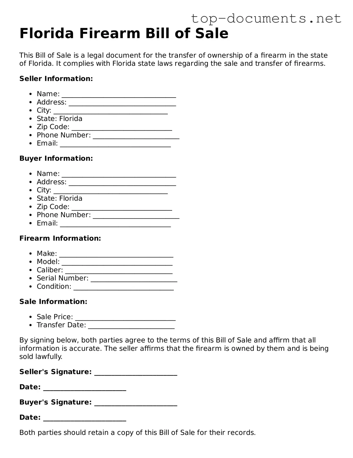 Printable Firearm Bill of Sale Form for the State of Florida