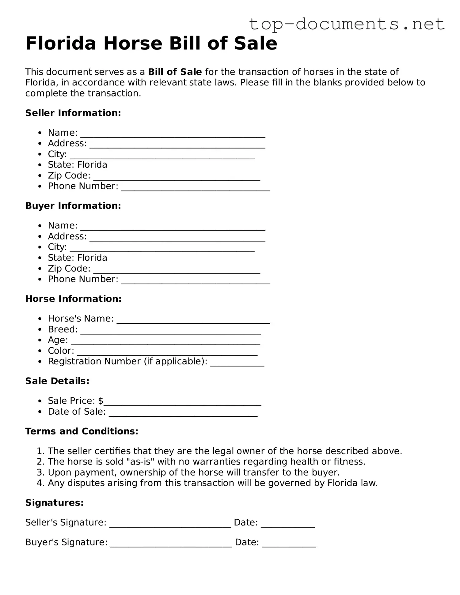 Printable Horse Bill of Sale Form for the State of Florida