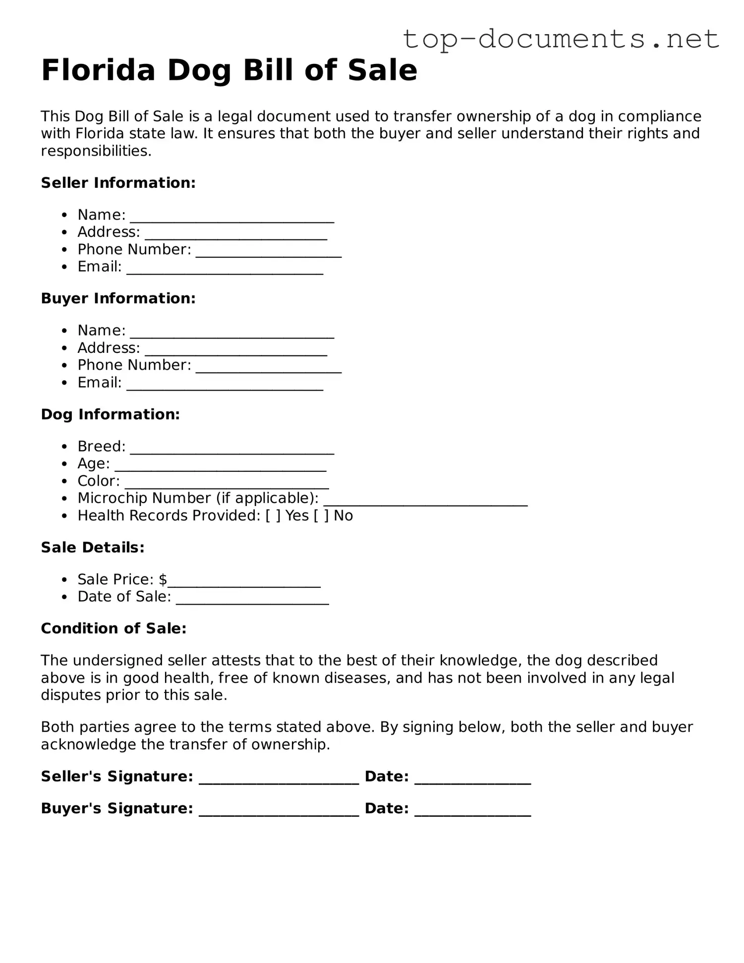 Printable Dog Bill of Sale Form for the State of Florida