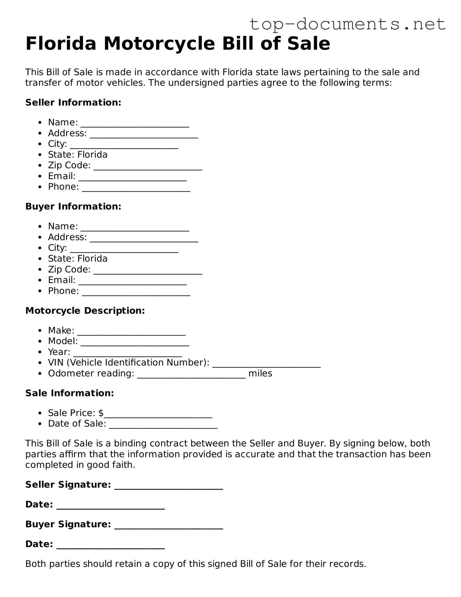 Printable Motorcycle Bill of Sale Form for the State of Florida
