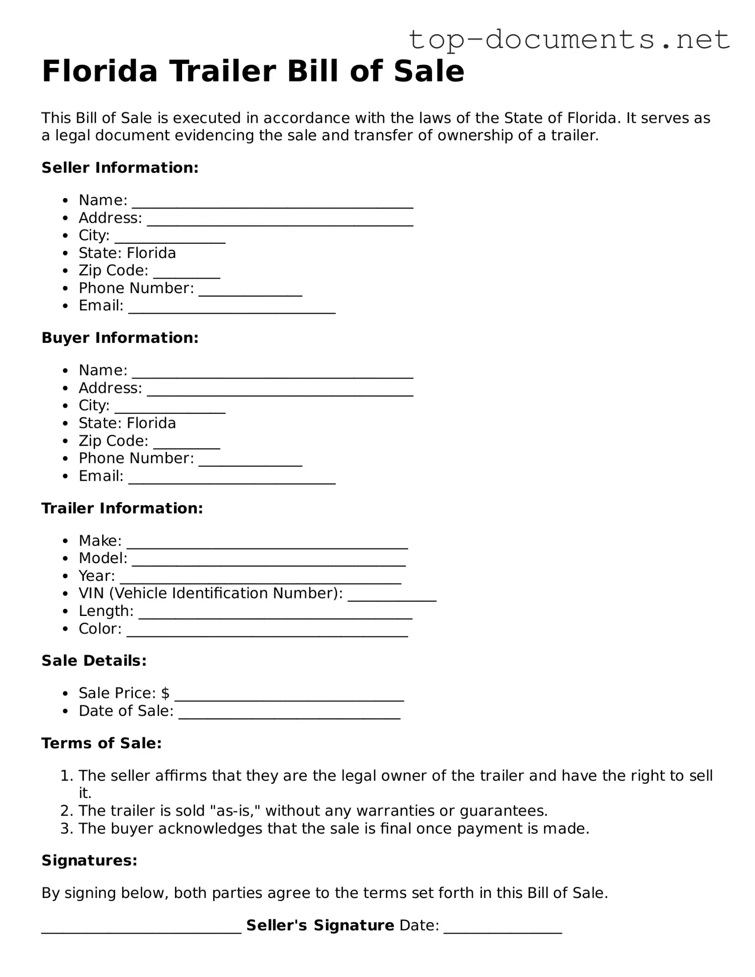 Printable Trailer Bill of Sale Form for the State of Florida