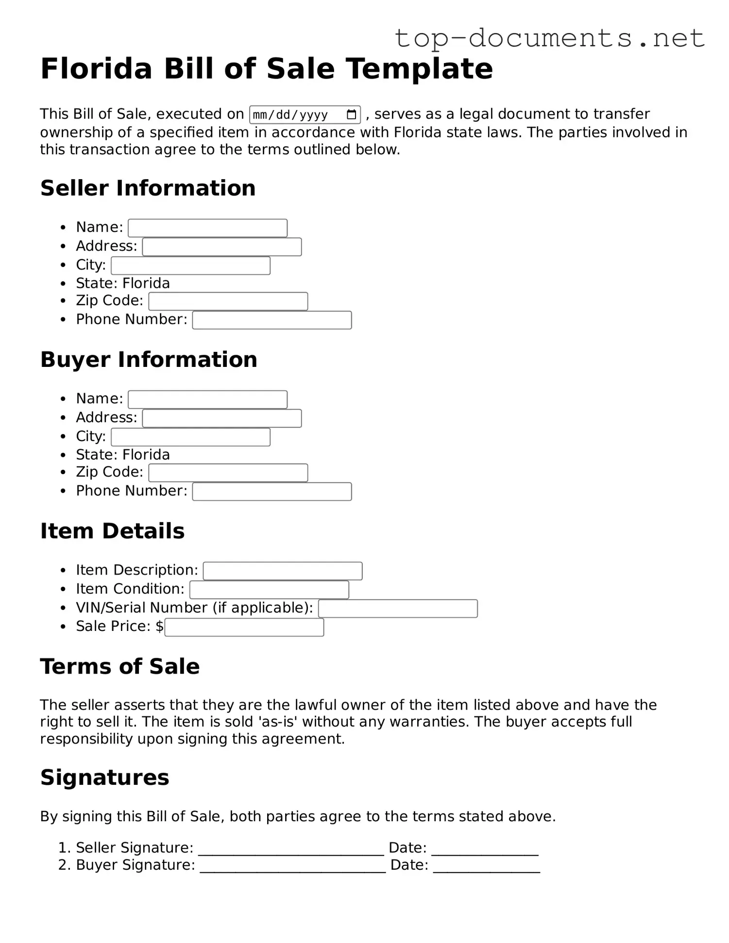 Printable Bill of Sale Form for the State of Florida
