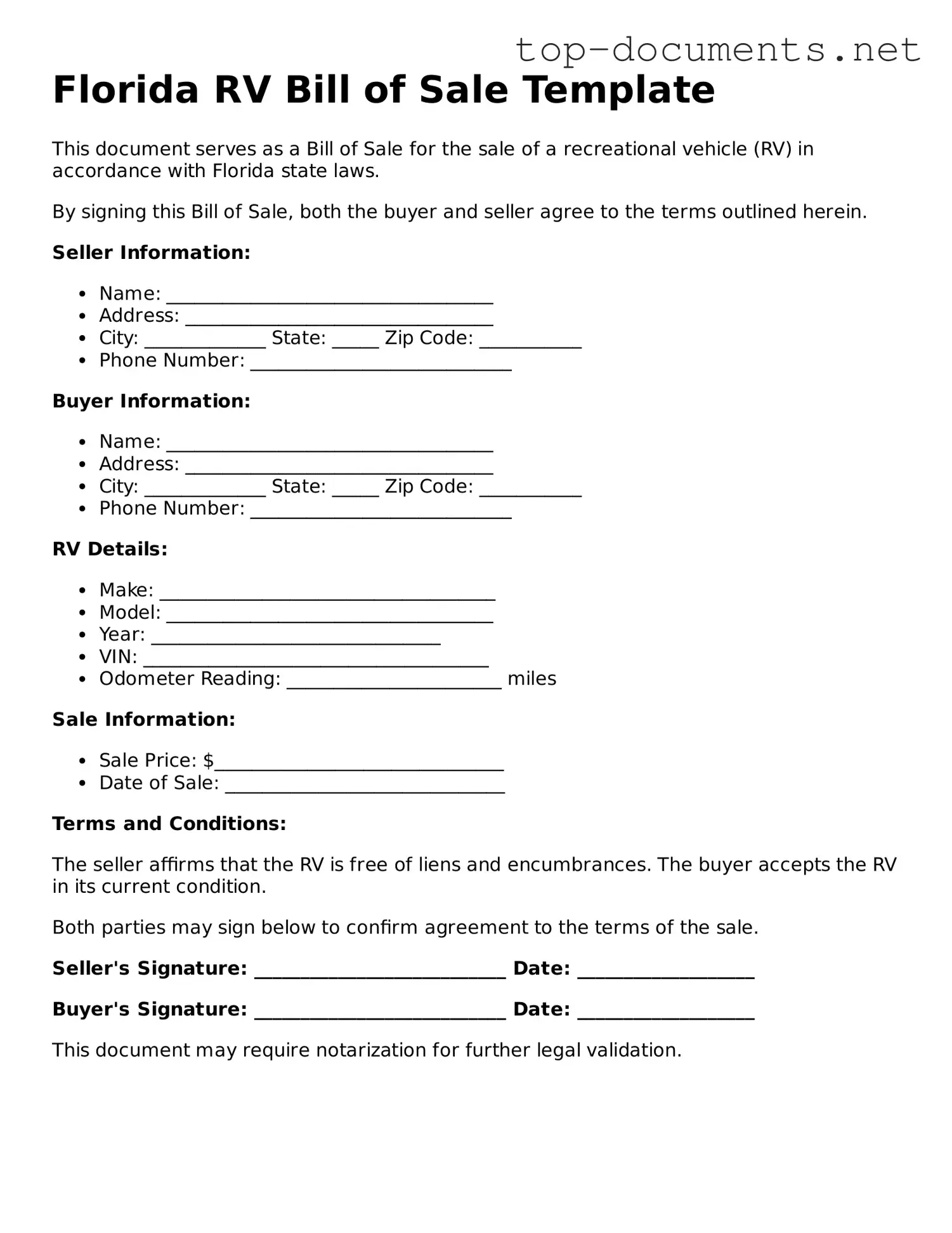 Printable RV Bill of Sale Form for the State of Florida