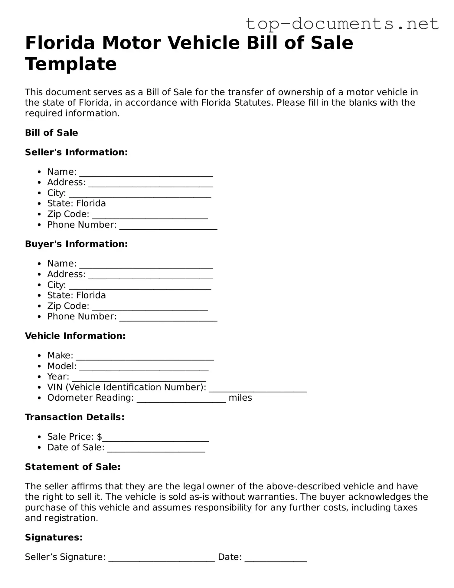 Printable Motor Vehicle Bill of Sale Form for the State of Florida