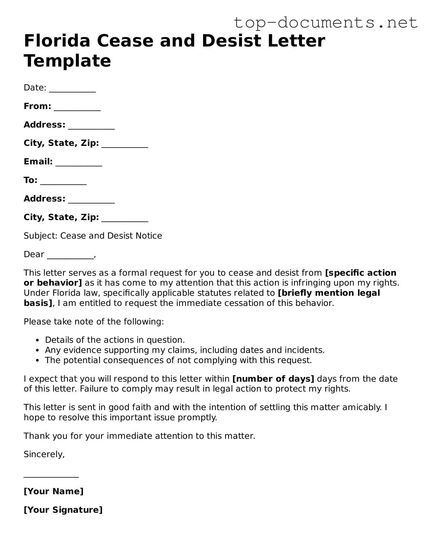 Printable Cease and Desist Letter Form for the State of Florida
