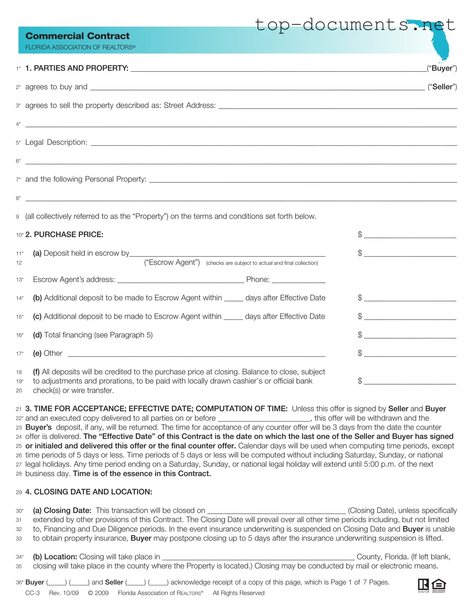 Free Florida Commercial Contract PDF Form