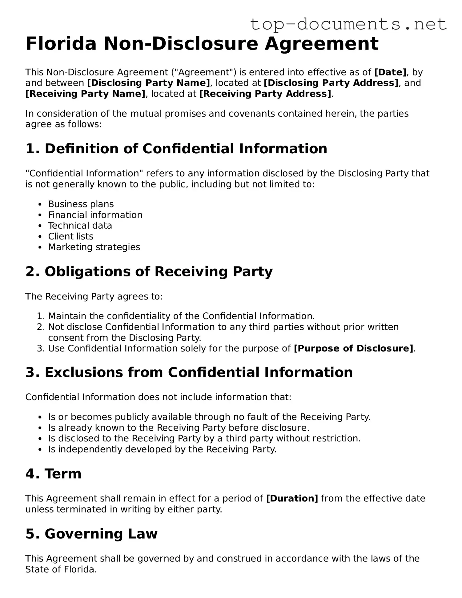 Printable Non-disclosure Agreement Form for the State of Florida