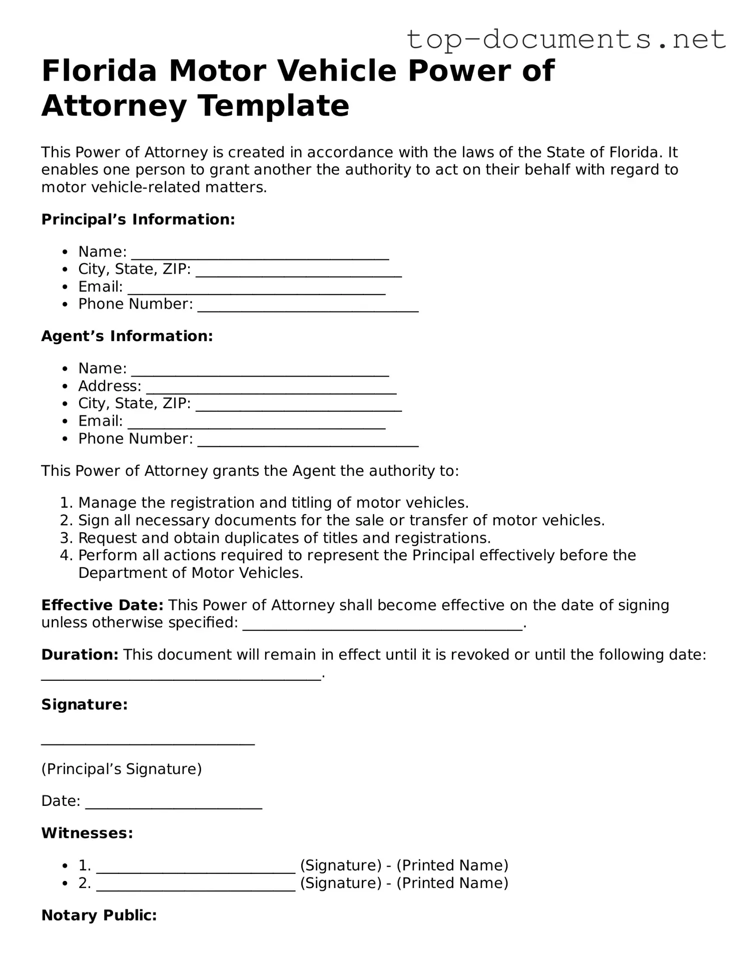 Printable Motor Vehicle Power of Attorney Form for the State of Florida