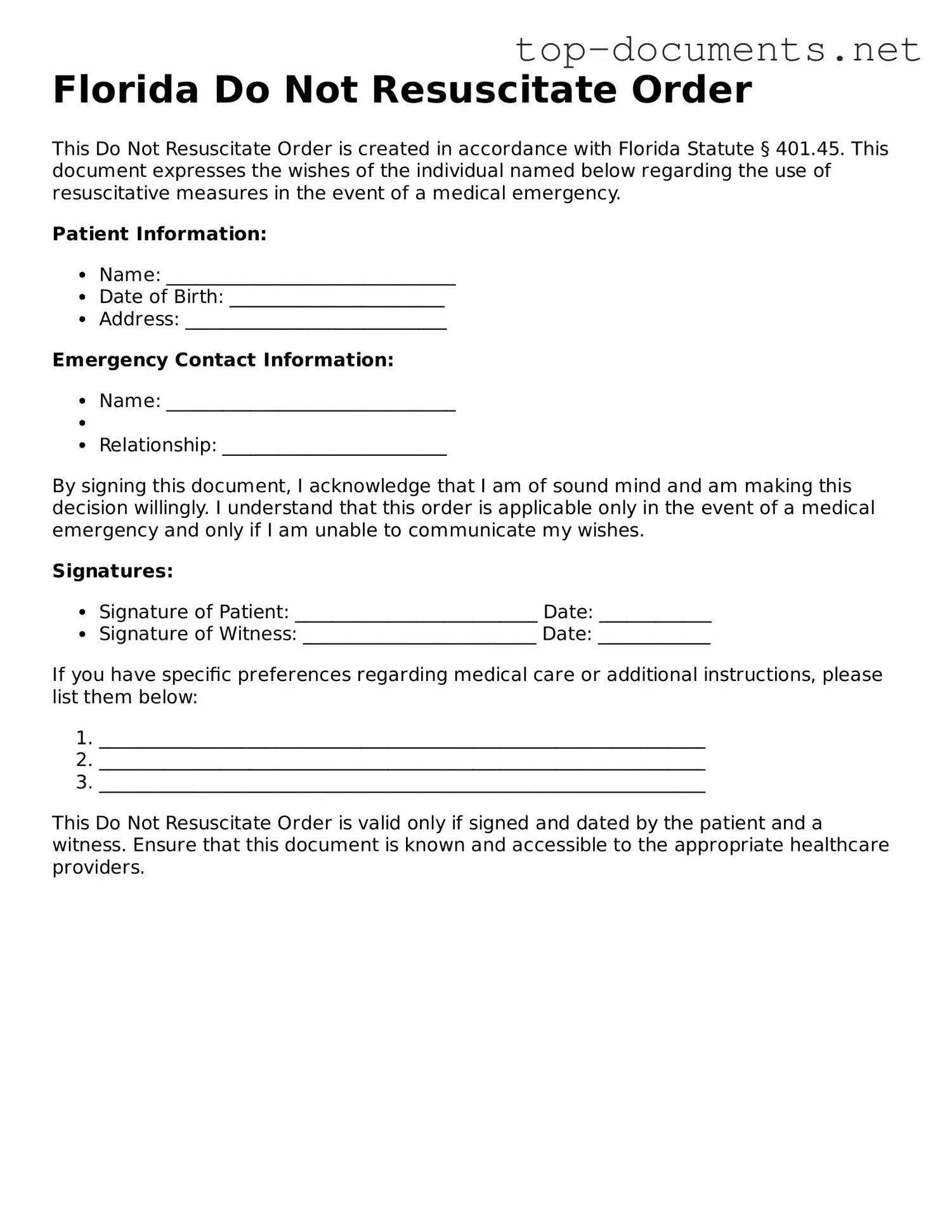 Printable Do Not Resuscitate Order Form for the State of Florida