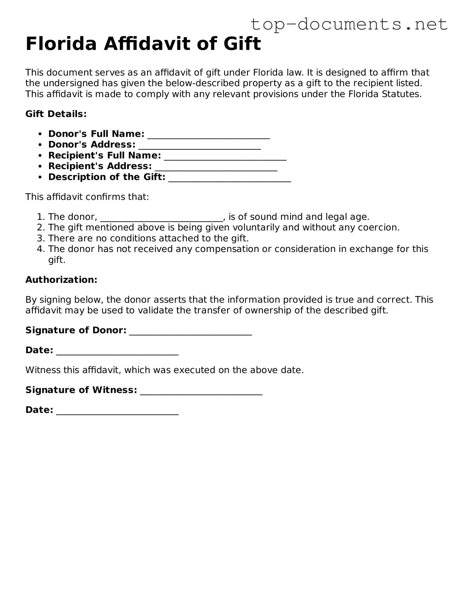 Printable Affidavit of Gift Form for the State of Florida