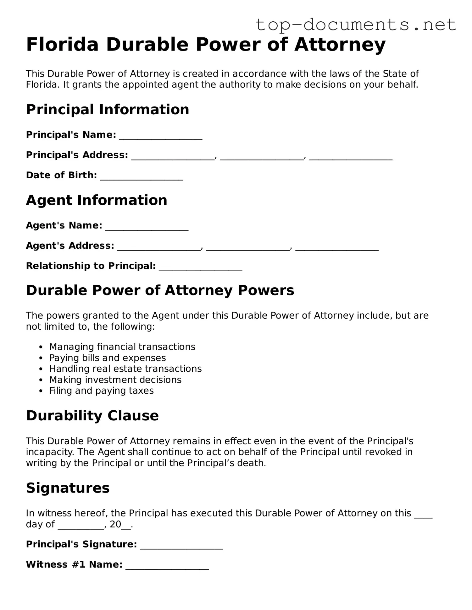 Printable Durable Power of Attorney Form for the State of Florida