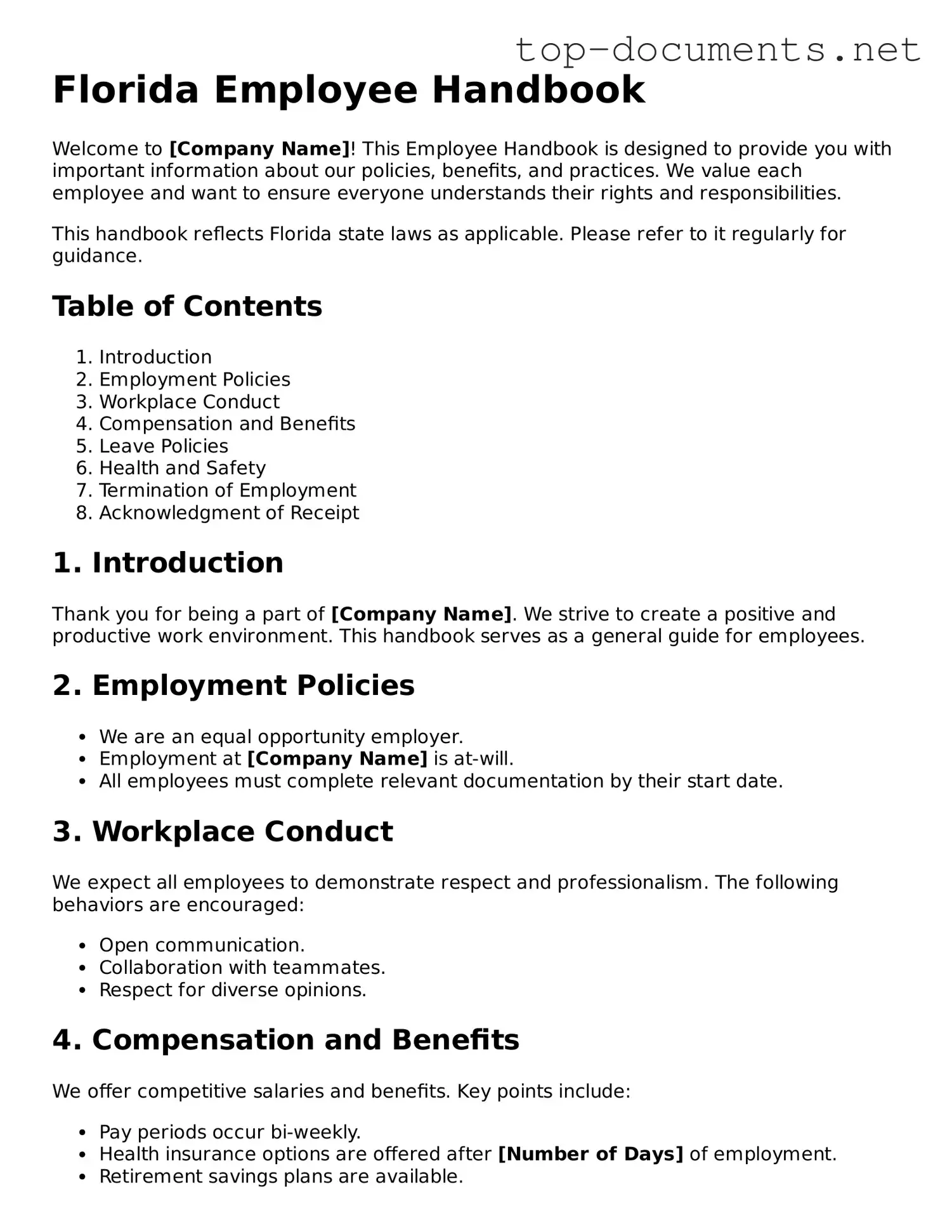 Printable Employee Handbook Form for the State of Florida