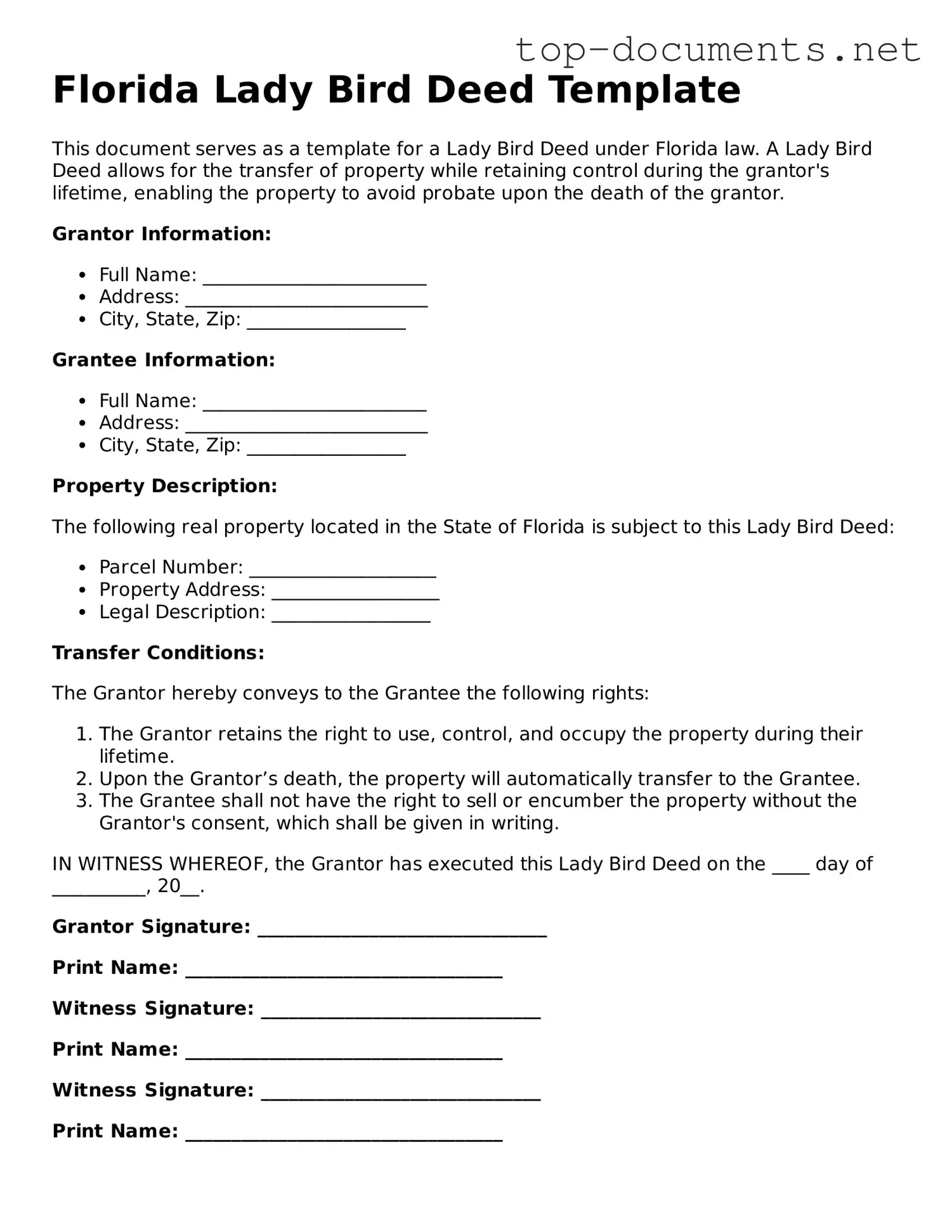 Printable Lady Bird Deed Form for the State of Florida