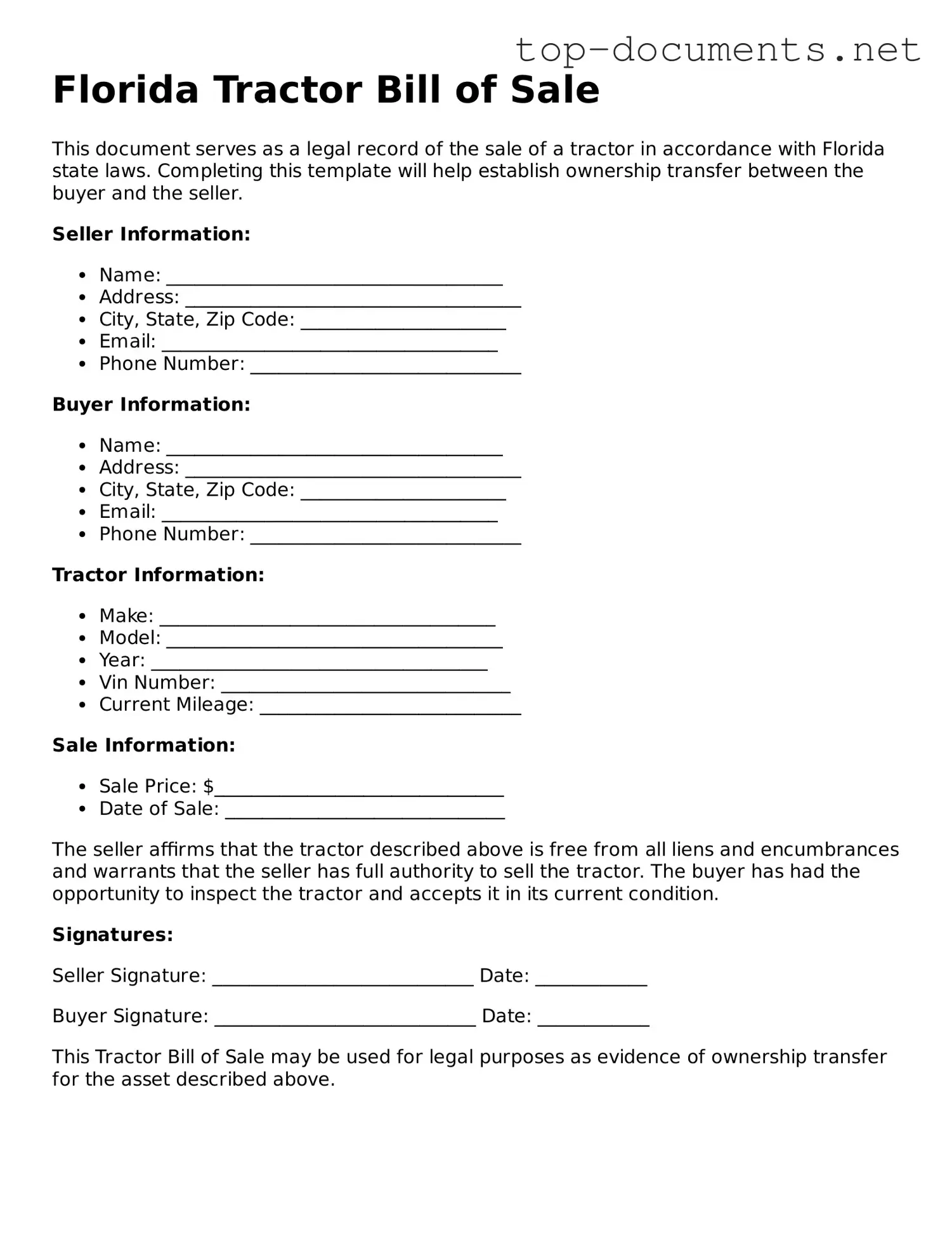 Printable Tractor Bill of Sale Form for the State of Florida