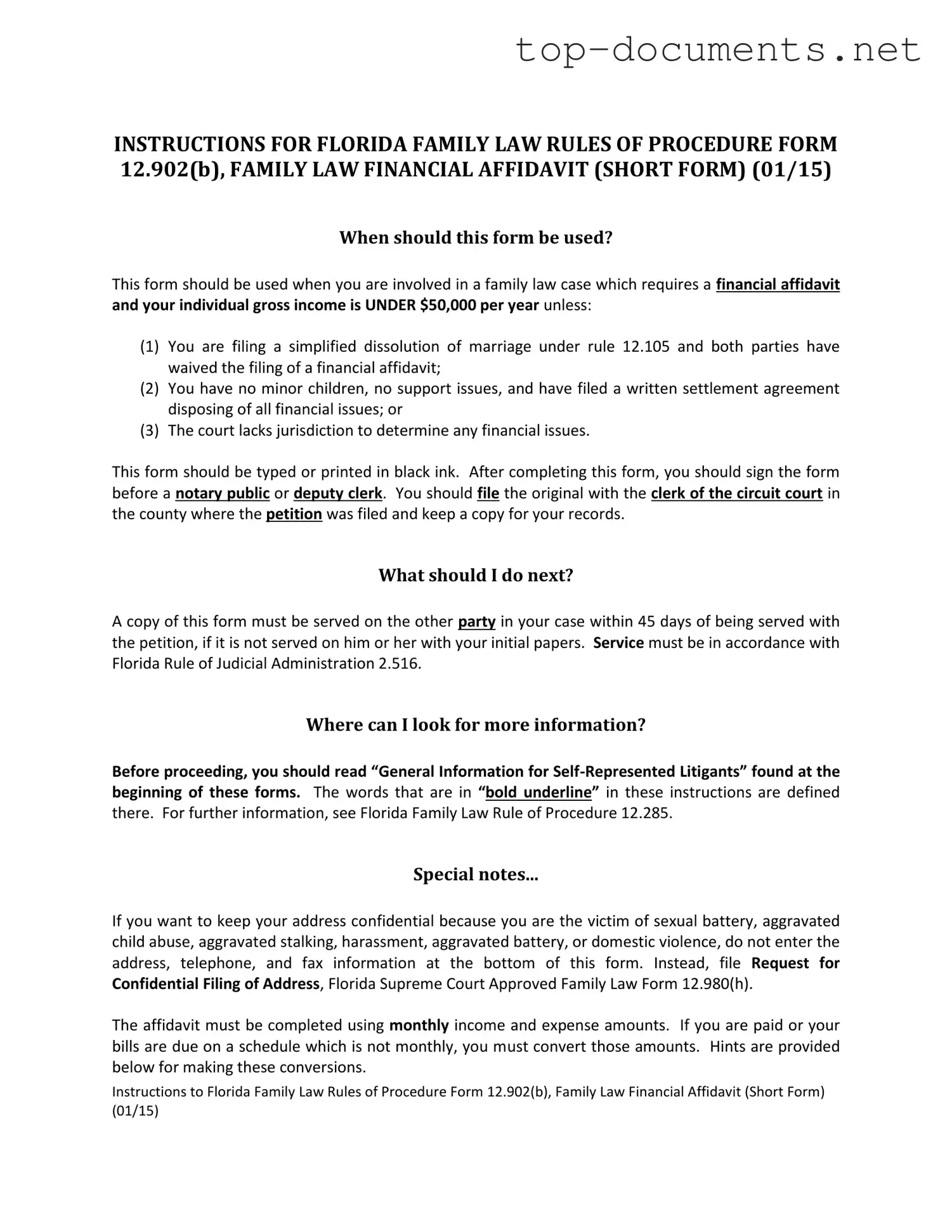 Free Florida Financial Affidavit Short 12.902(b) PDF Form