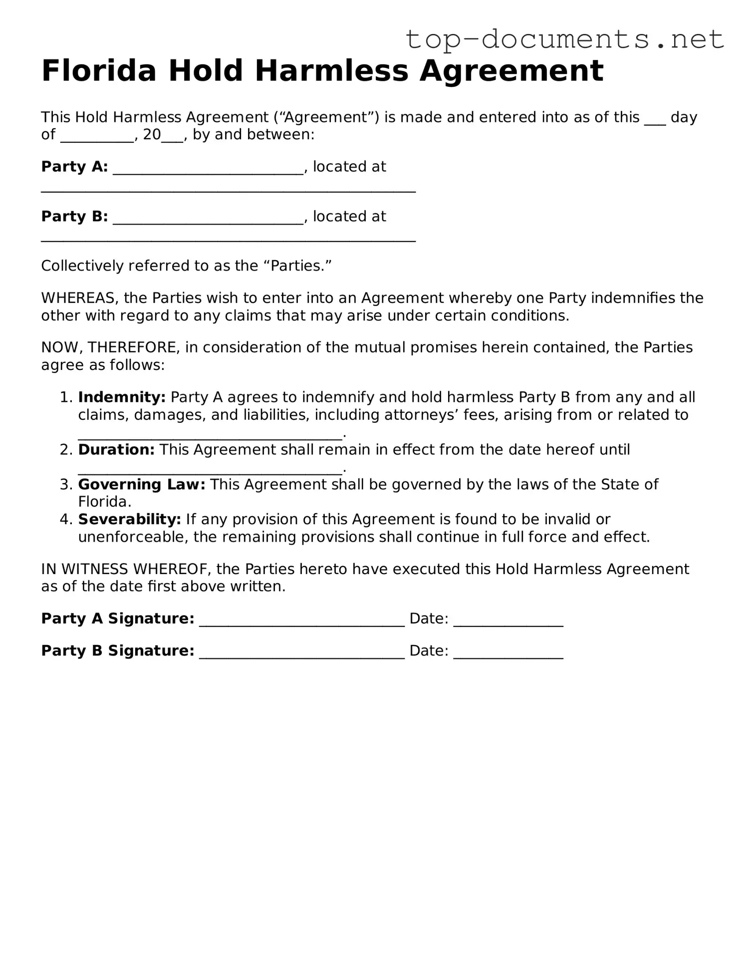 Printable Hold Harmless Agreement Form for the State of Florida