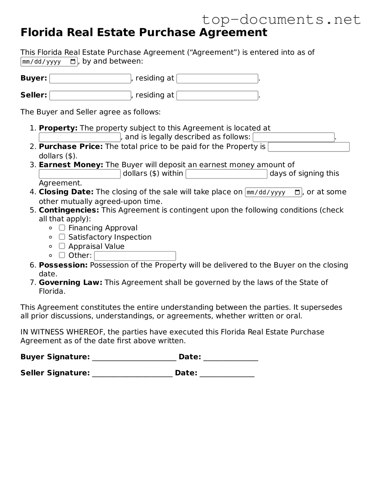 Printable Real Estate Purchase Agreement Form for the State of Florida