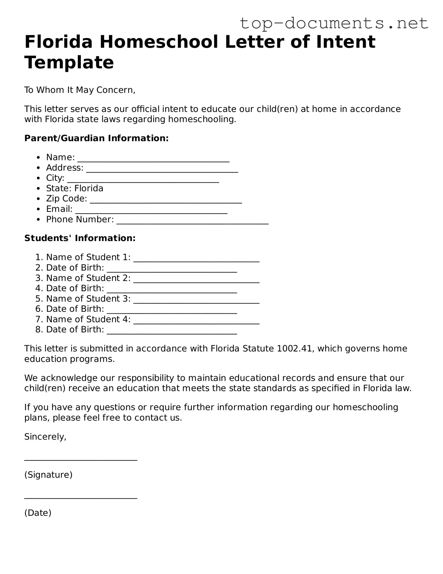 Printable Homeschool Letter of Intent Form for the State of Florida